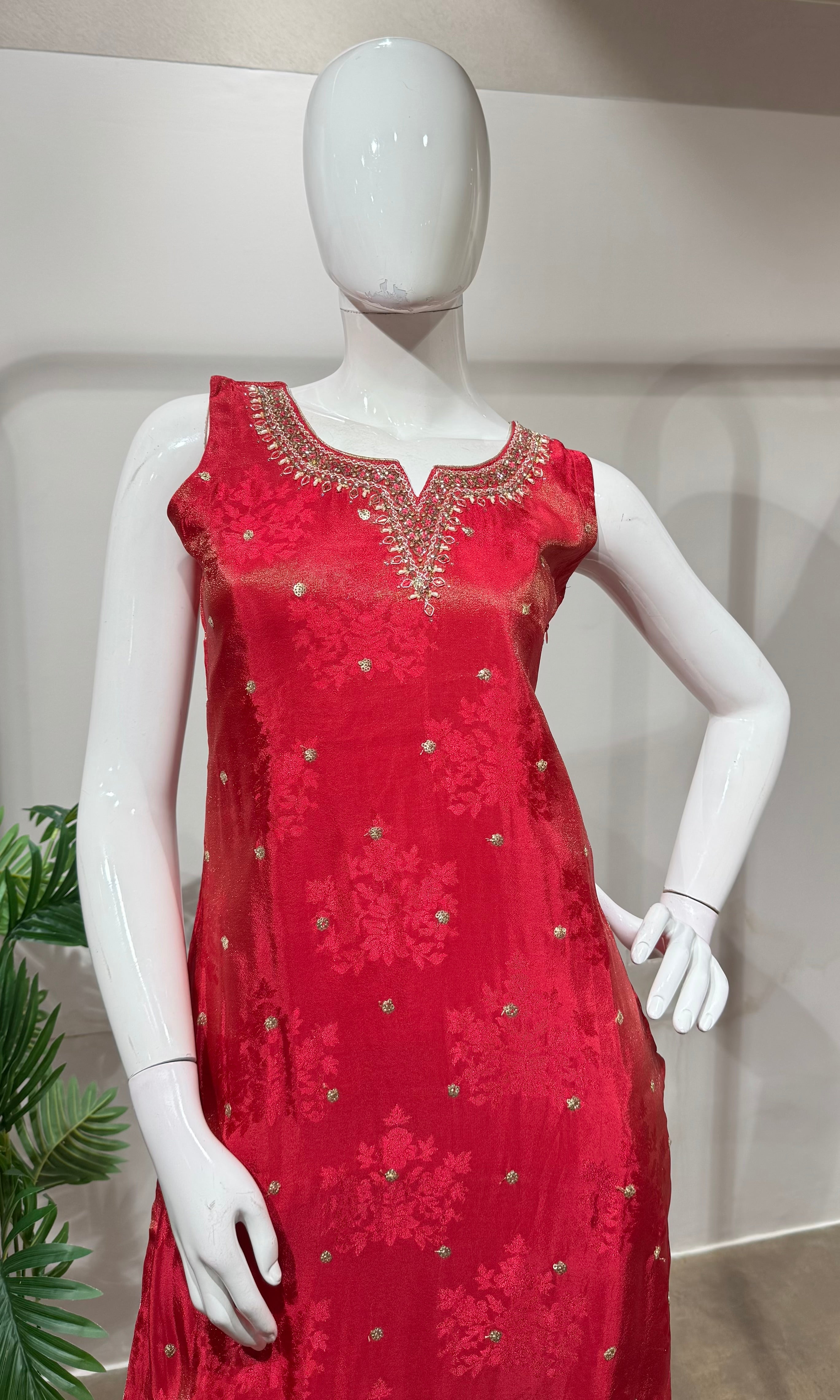 rani and gold embroidered kurta set