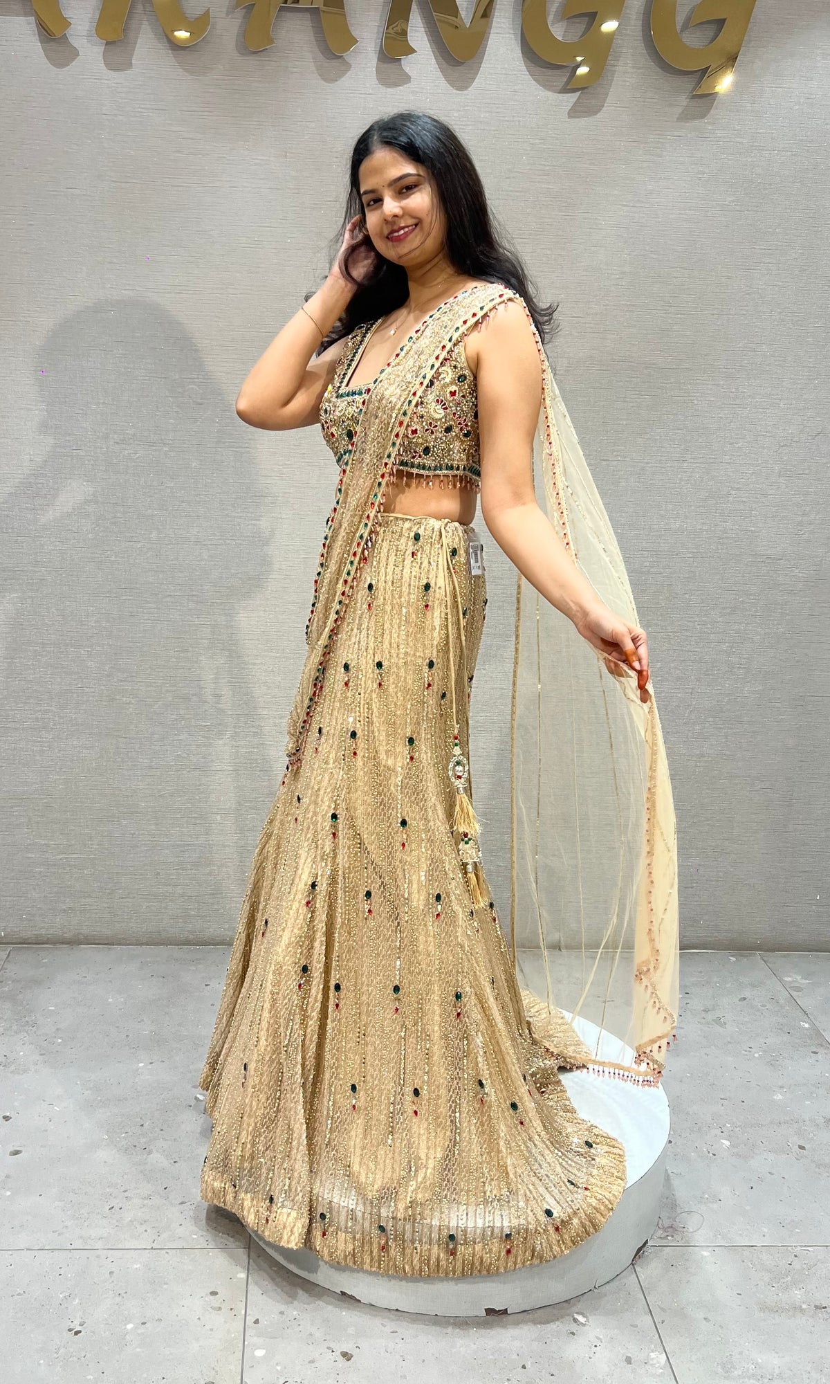 Gold Net Mermaid Lehenga with Jewel Stone & Cutdana Embroidery