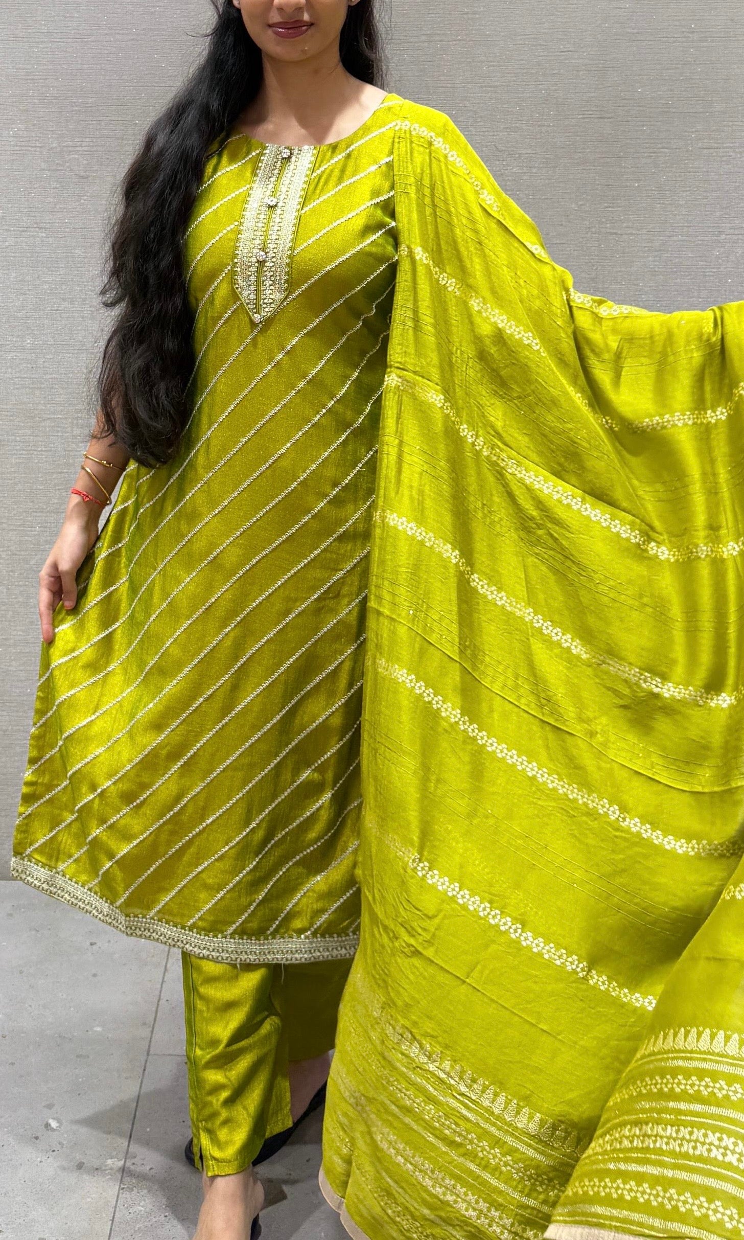 Lime Green Leheriya Kurta Set