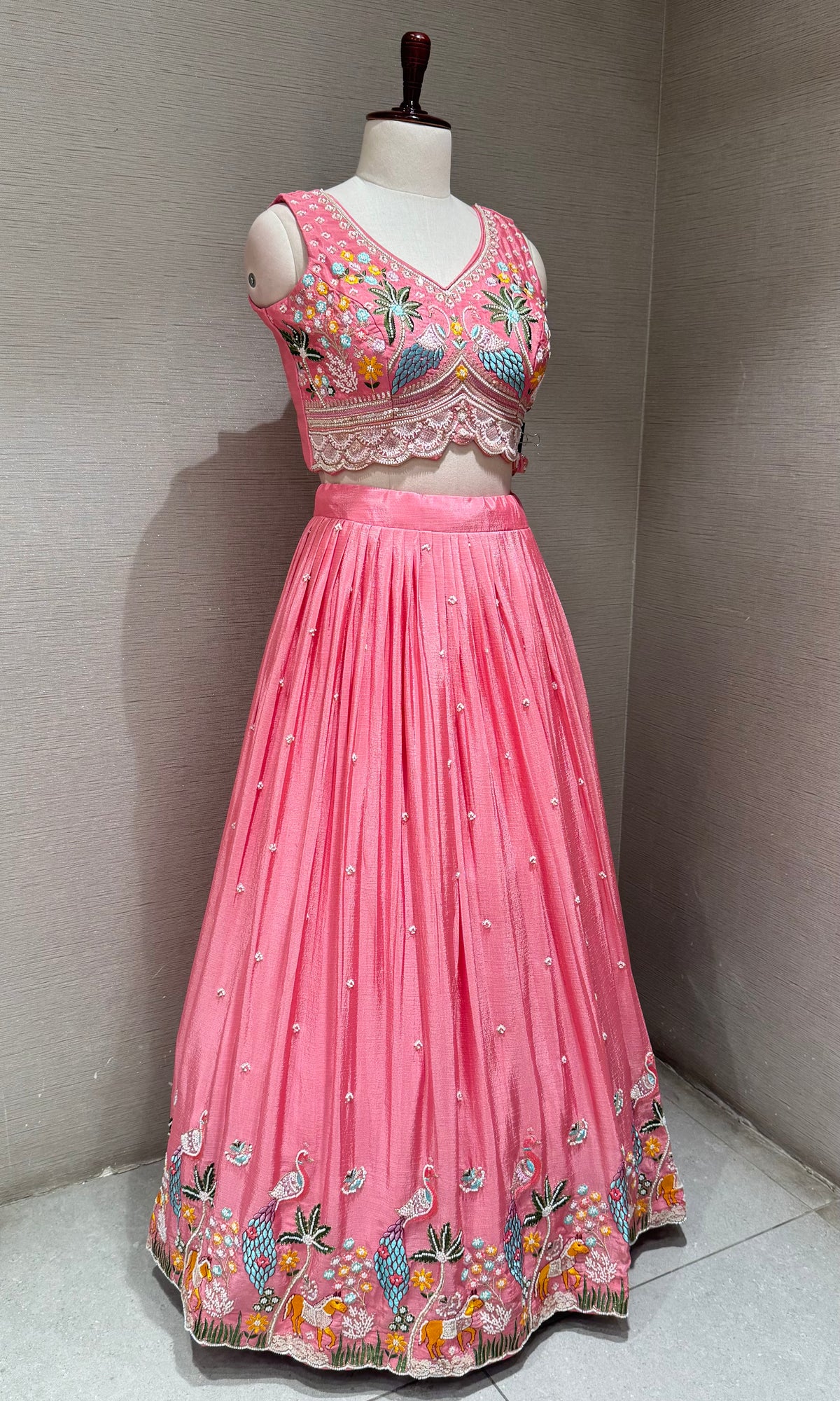 Light Pink Tissue silk Lehenga with Peacock & Floral Embroidery