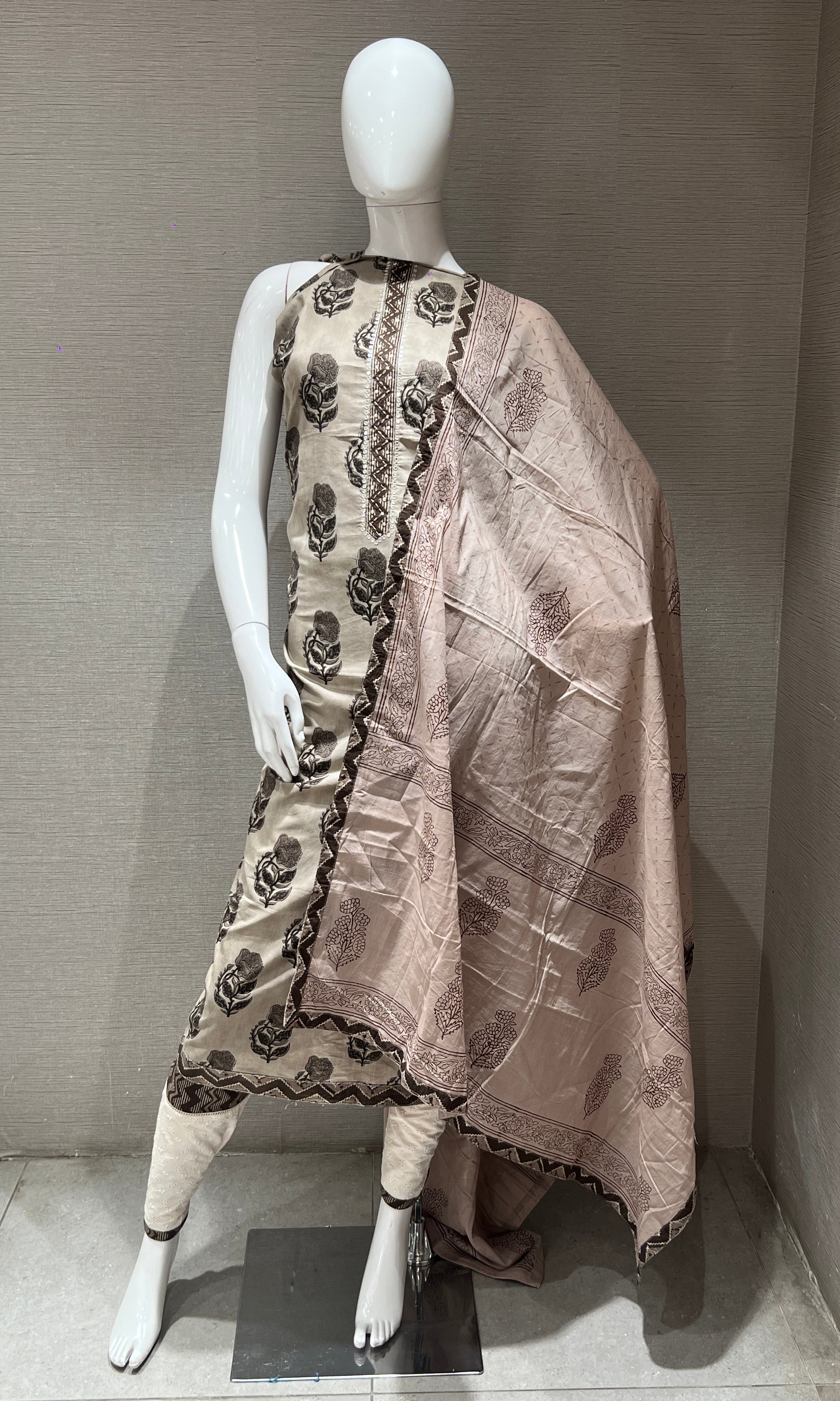 Grey Floral Print dress material