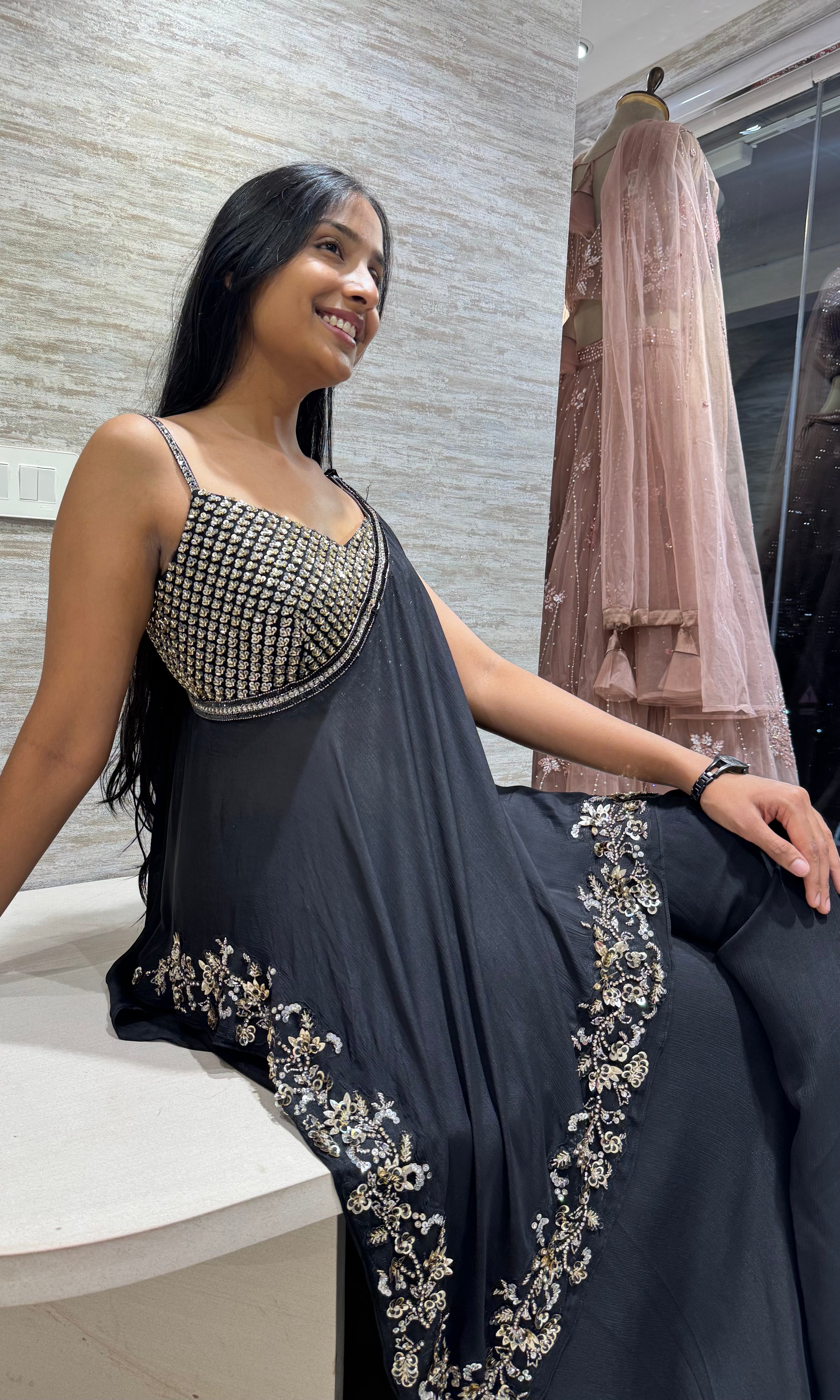 Black gold sharara with asymmetrical blouse