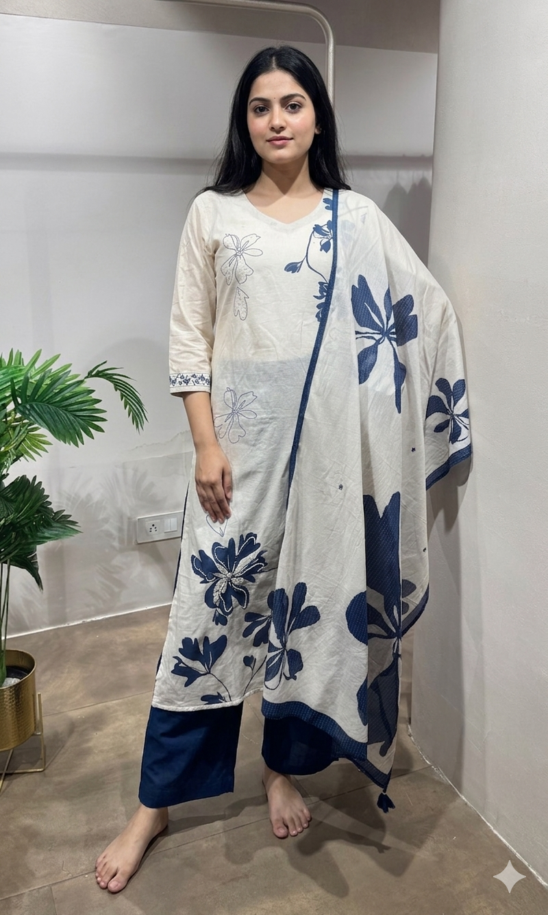 CREAM floral print straight-cut kurta set