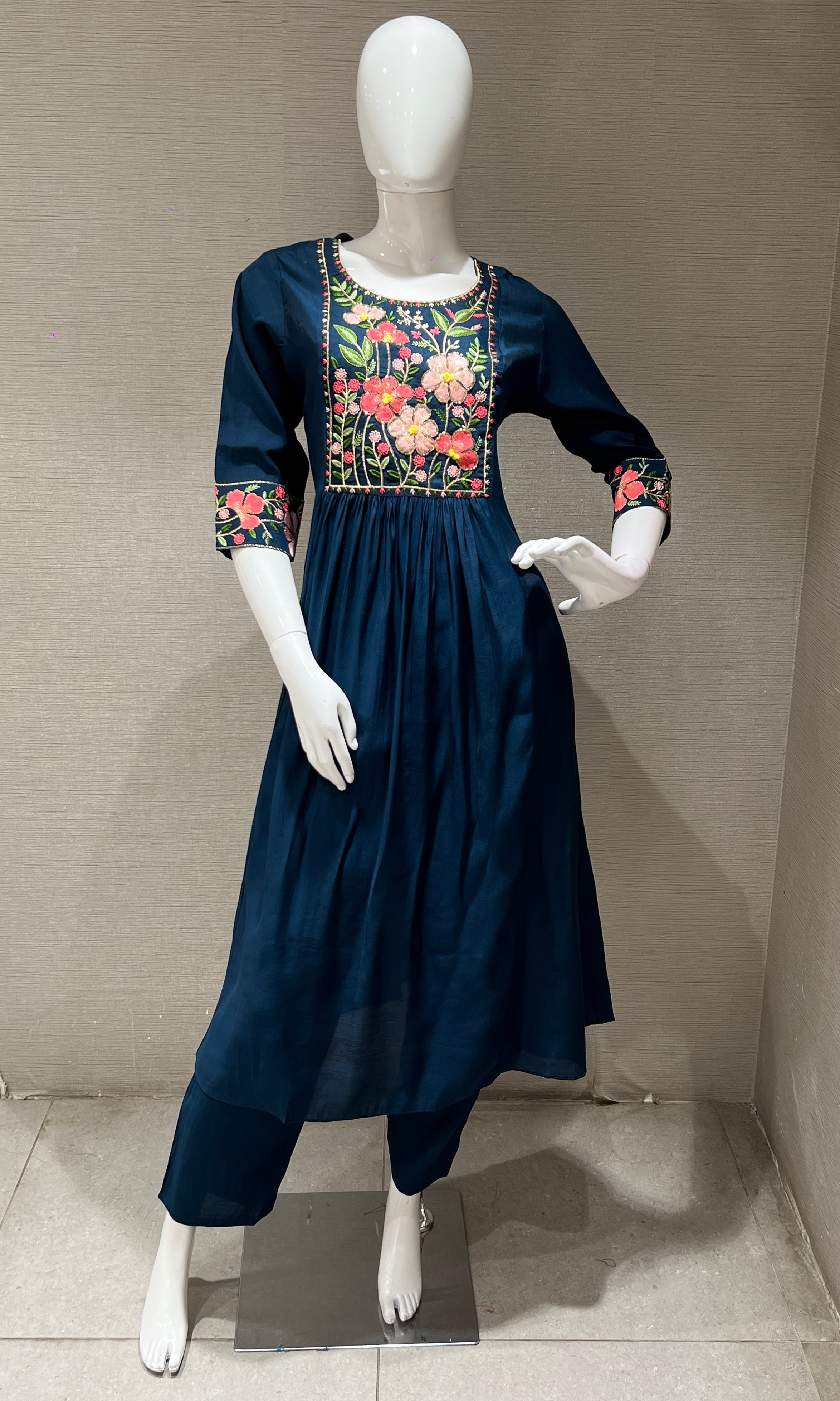 Blue Floral Embroidery Mul Chanderi kurta set