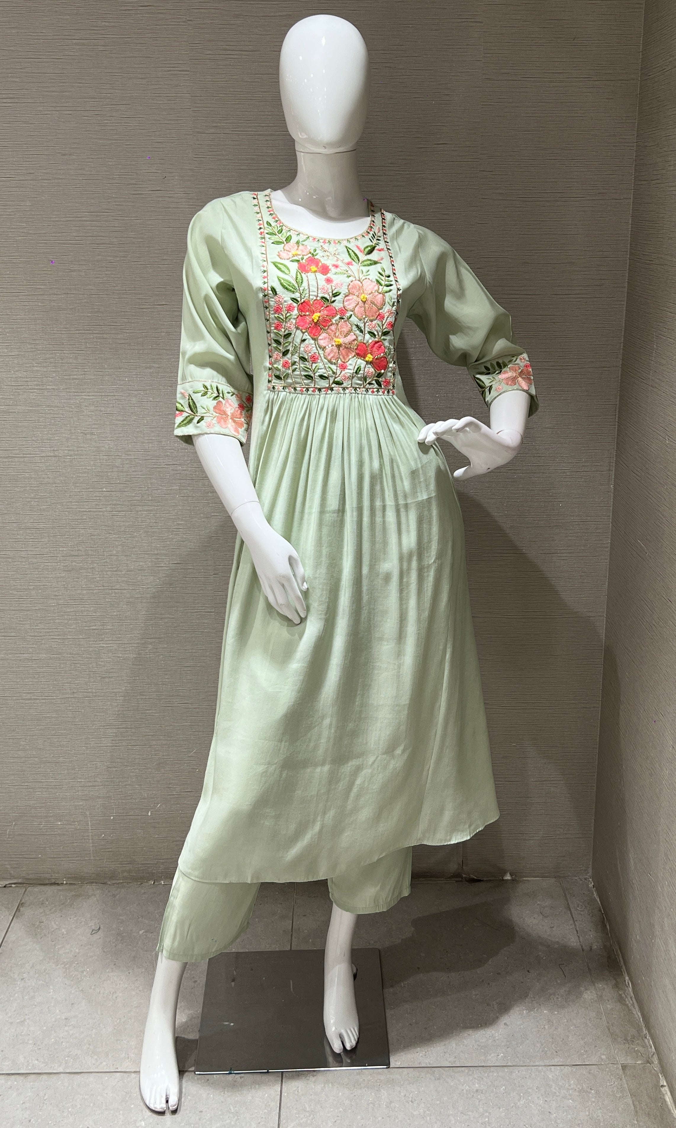 Pista Green Floral Charm Mul Chanderi kurta set
