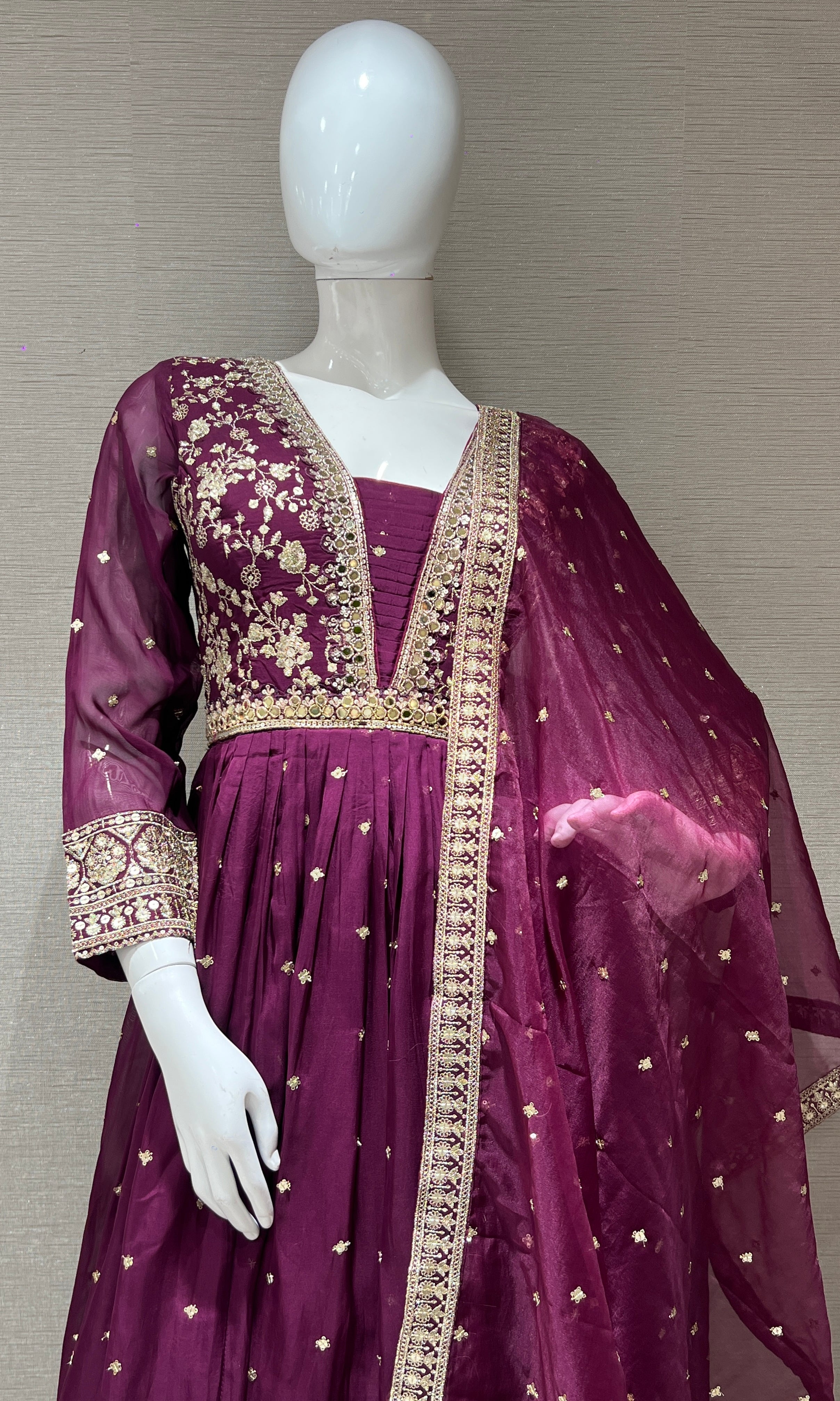wine long anarkali with gold embroidered