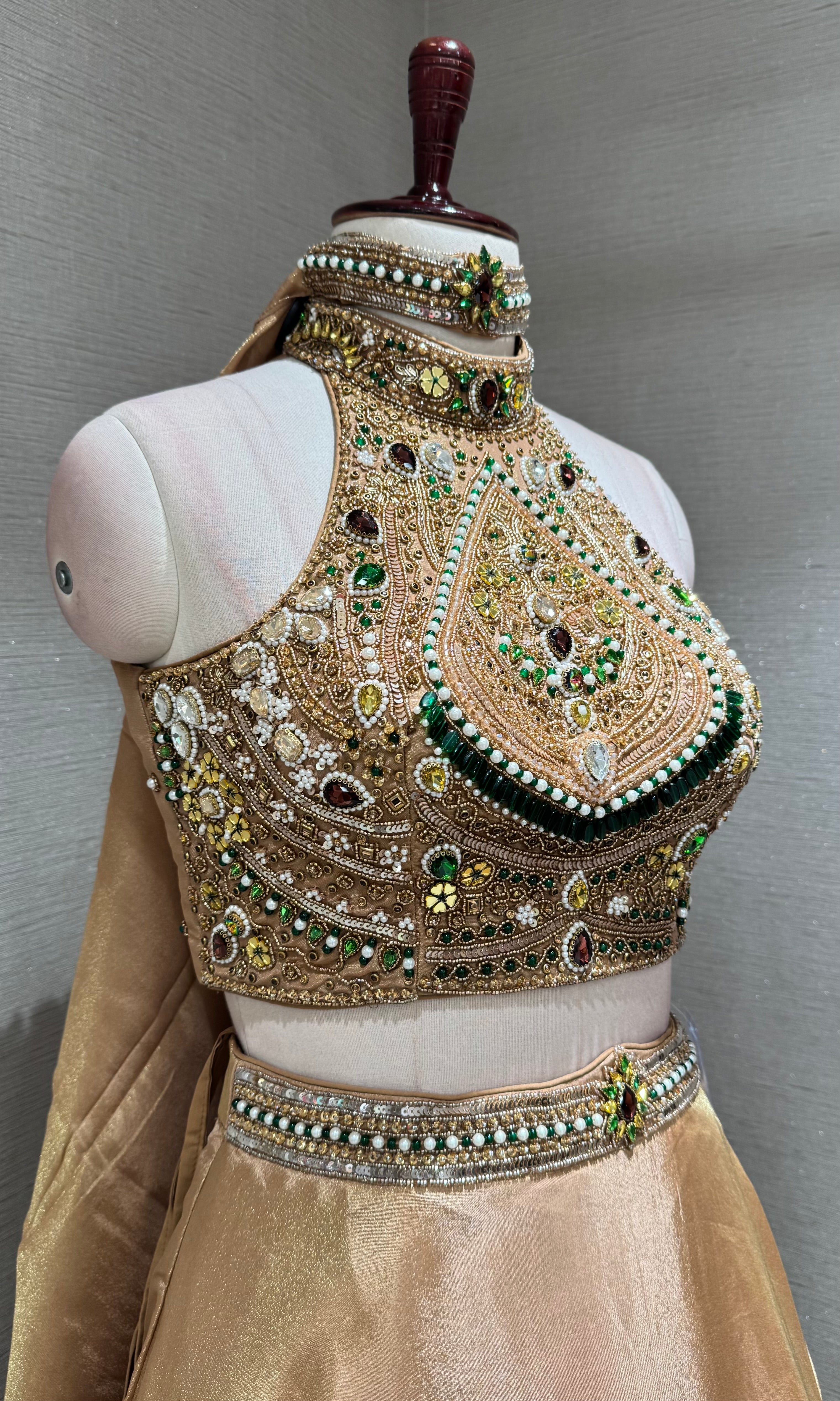 Golden Halter Jeweled Neck Embellished Lehenga Set