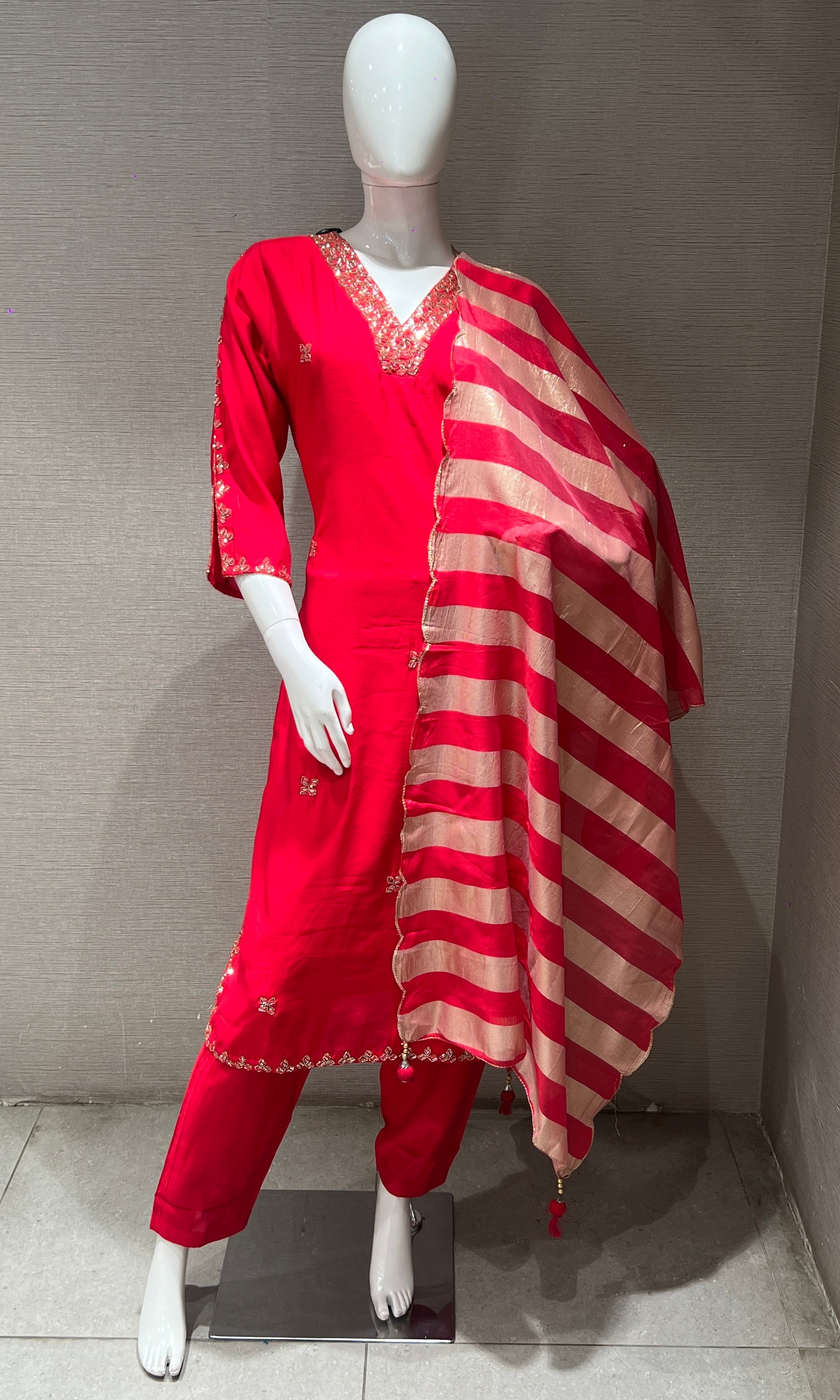 pink embroidered kurta set with striped dupatta