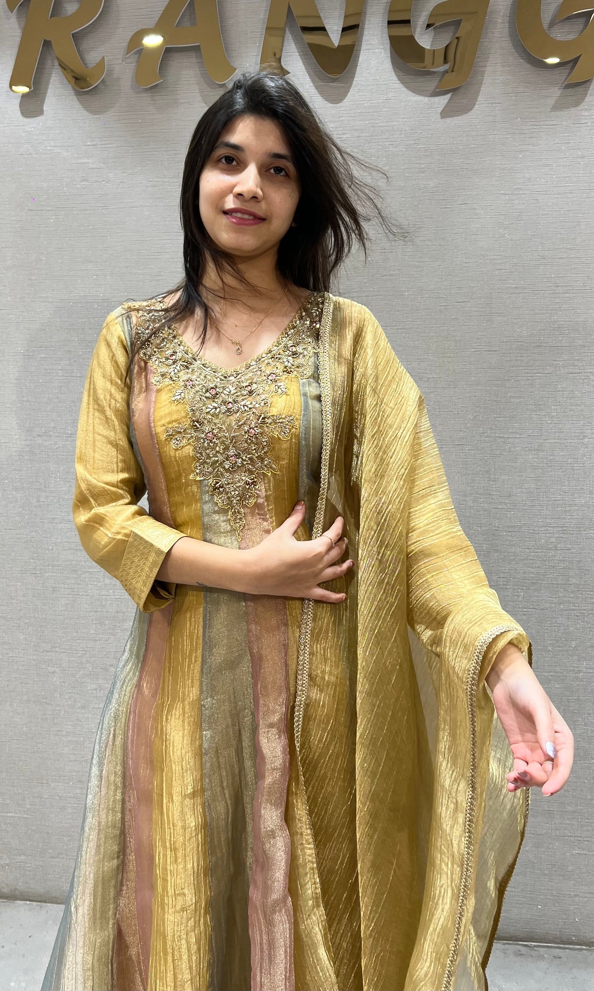Gold Tissue silk anarkali set with dupatta