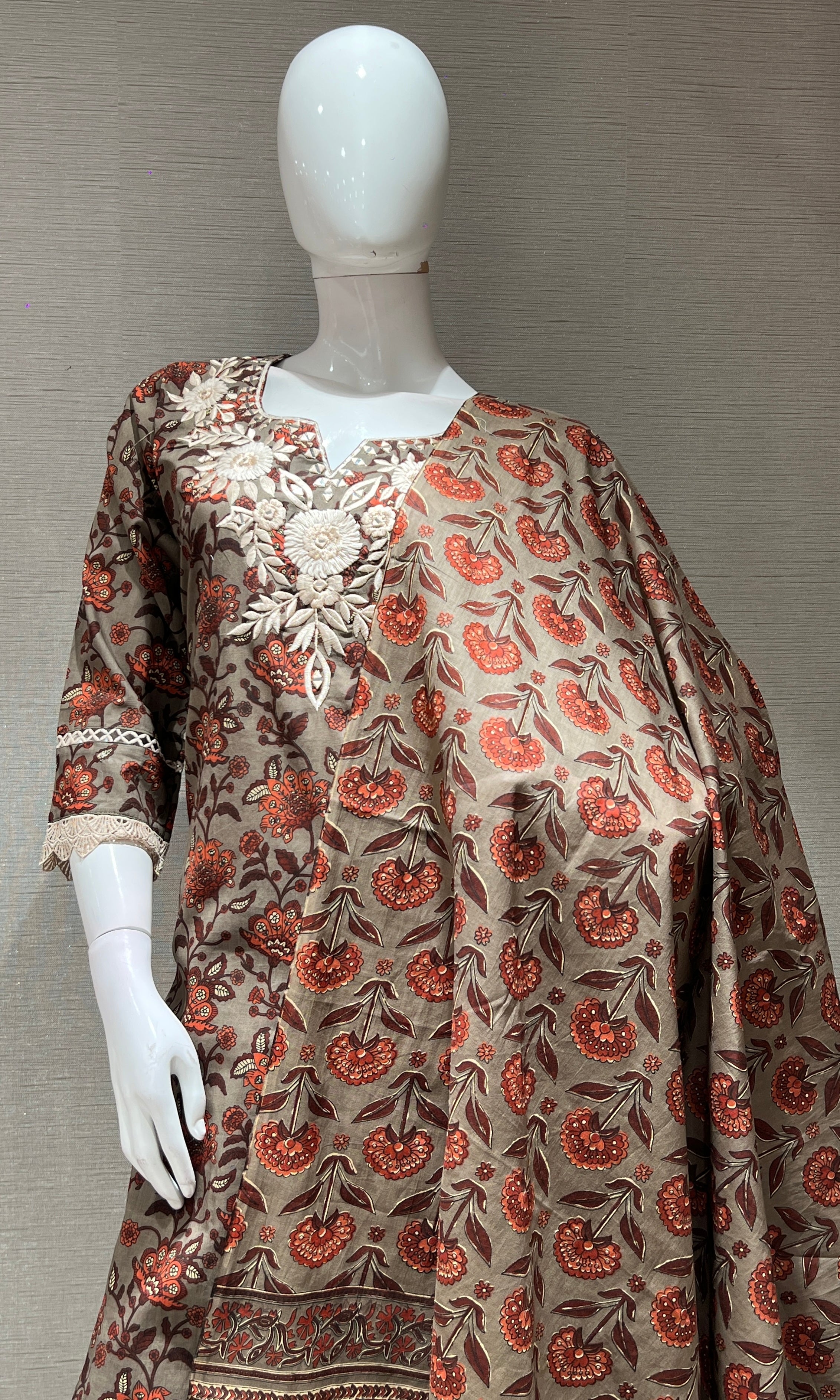GREY AND orange printed EMBROIDERED KURTA SET