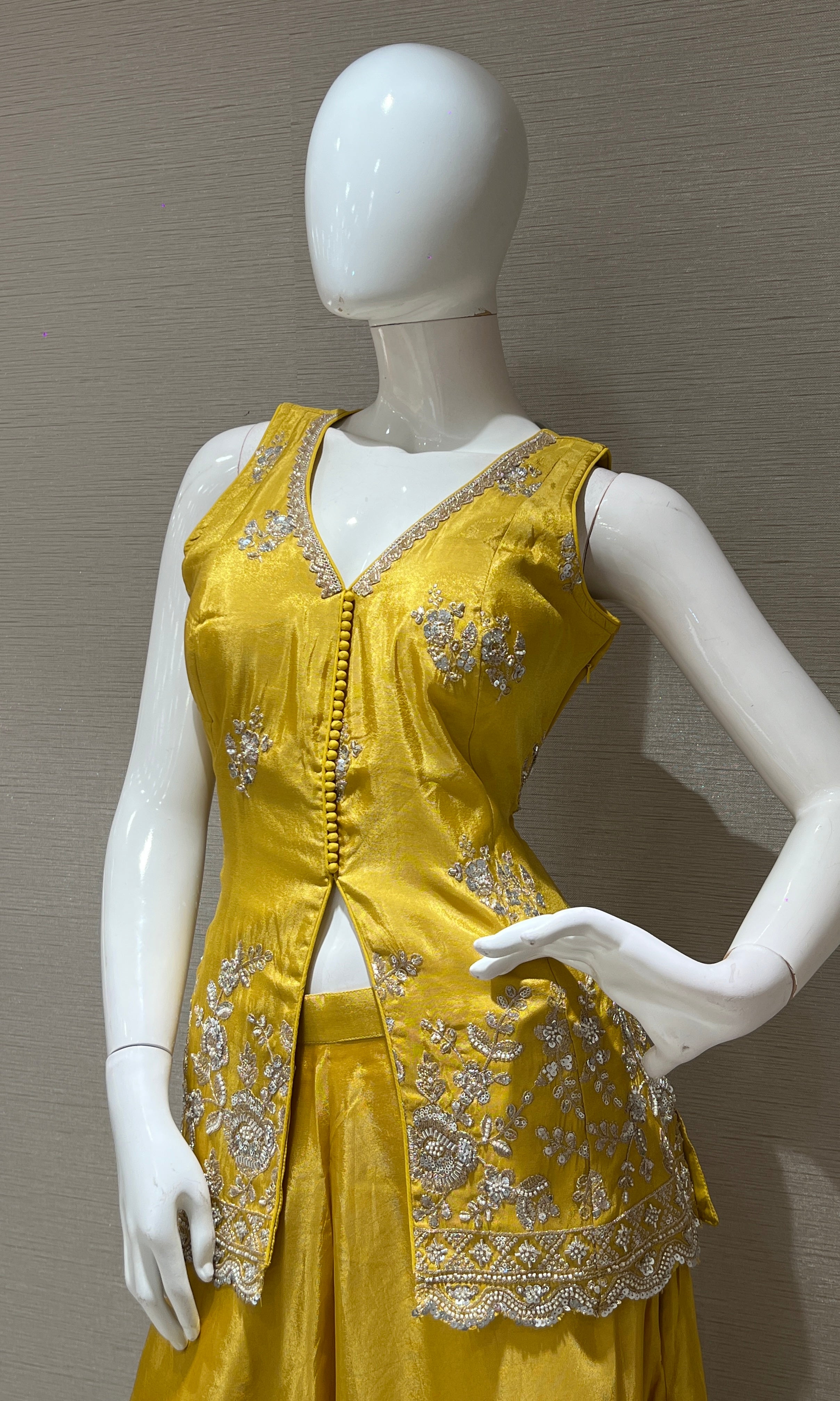 golden Yellow shimmer tissue palazzo with intricate embroidery