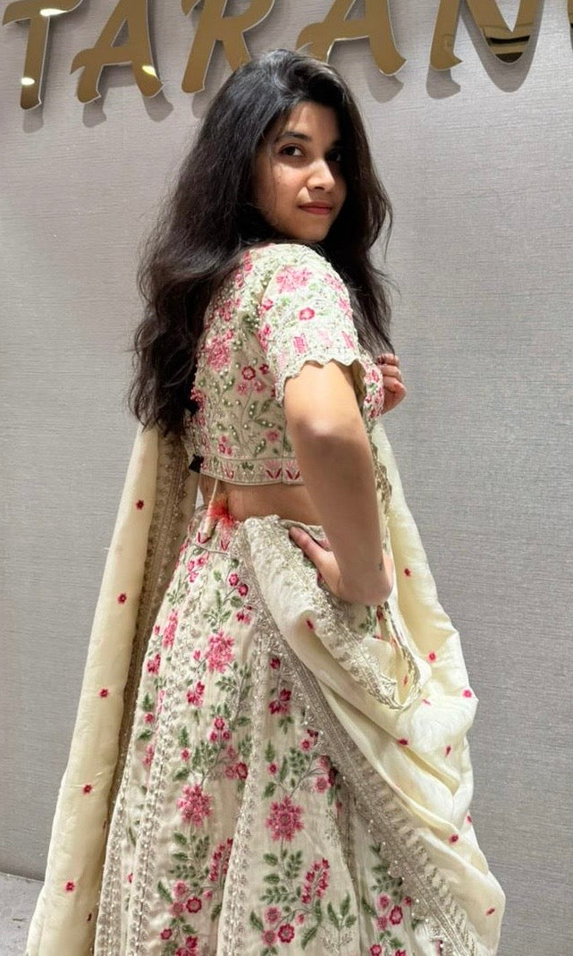 Ivory white cream Floral Embroidered Lehenga