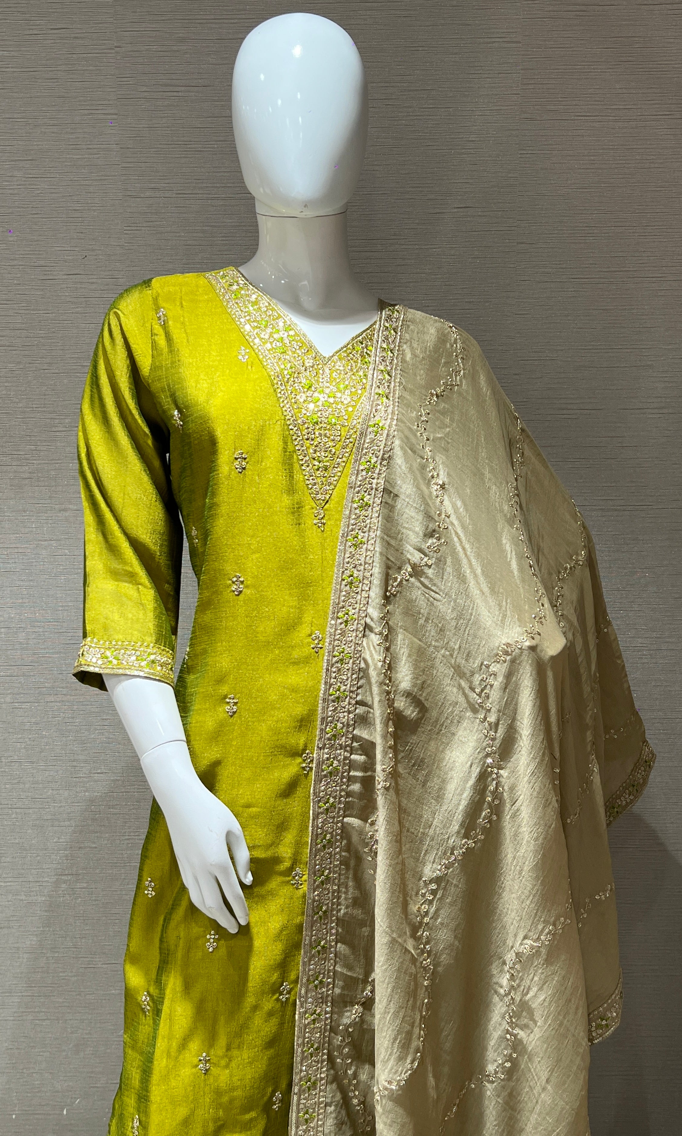 parrot green kurta set with gold duppatta