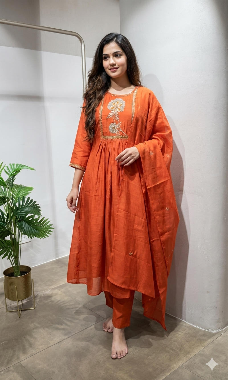 Orange blossom floral embroidered kurta set
