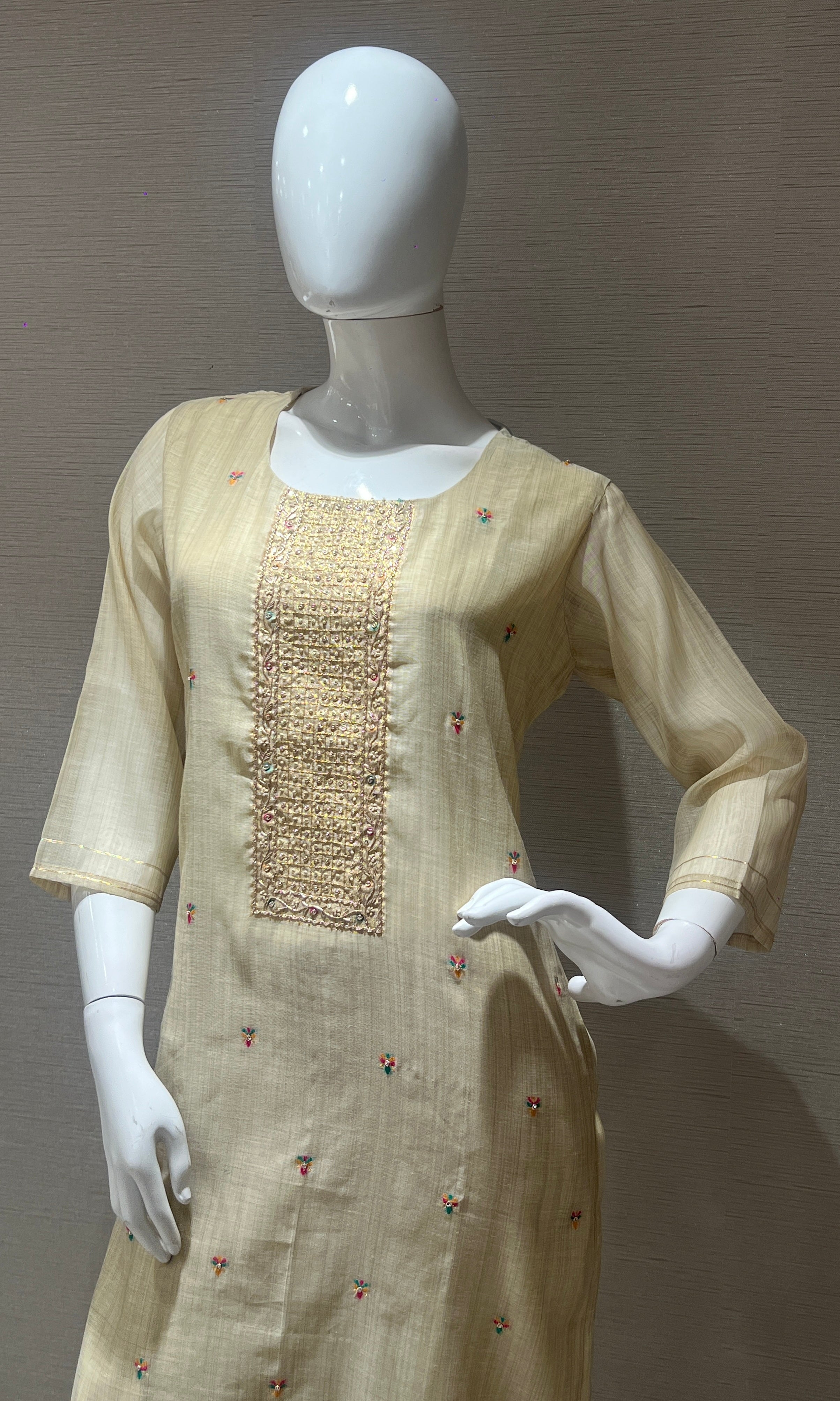Cream Embroidered Kurta Set with Floral Dupatta