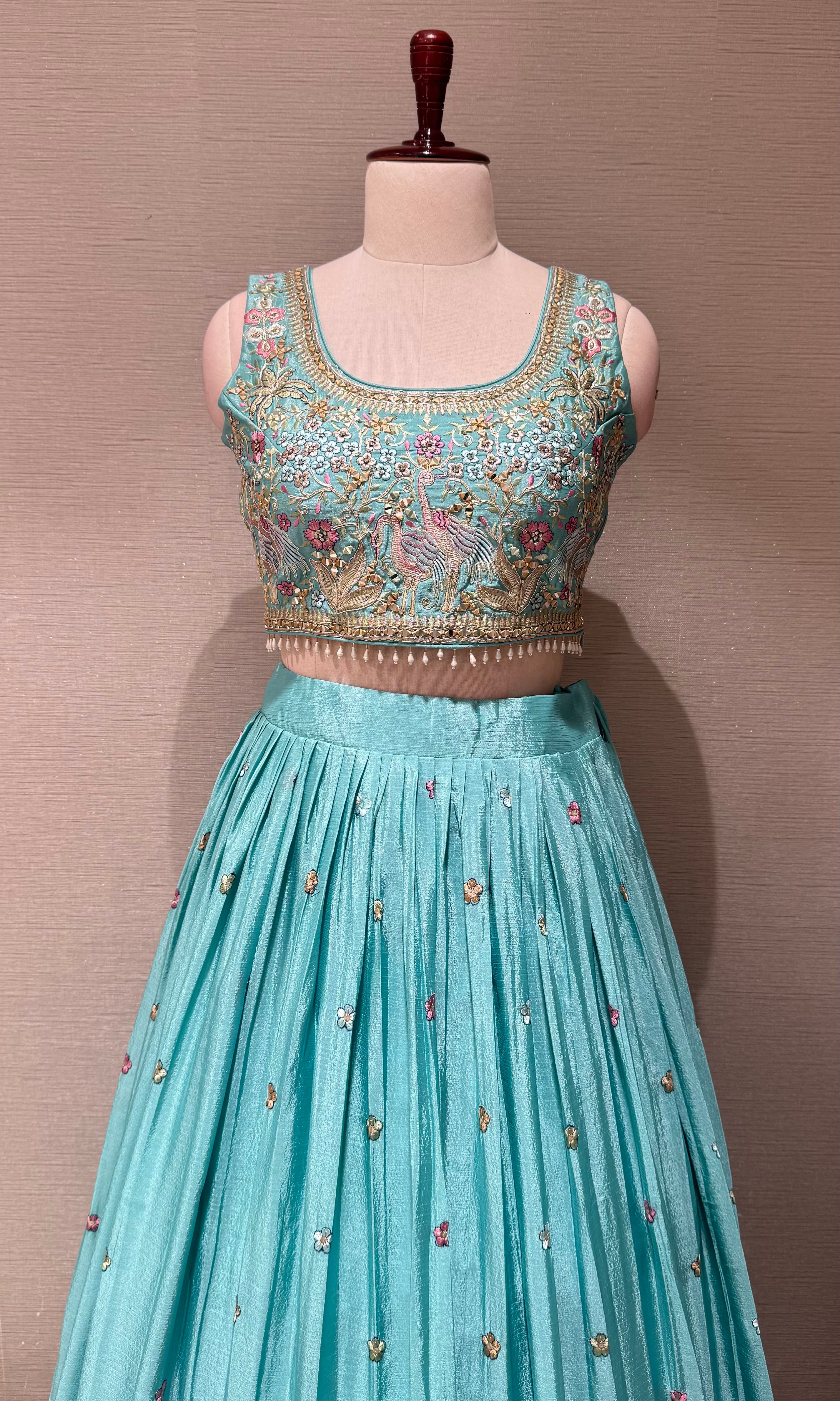 Sea Blue Tissue silk Forest Floral Lehenga set