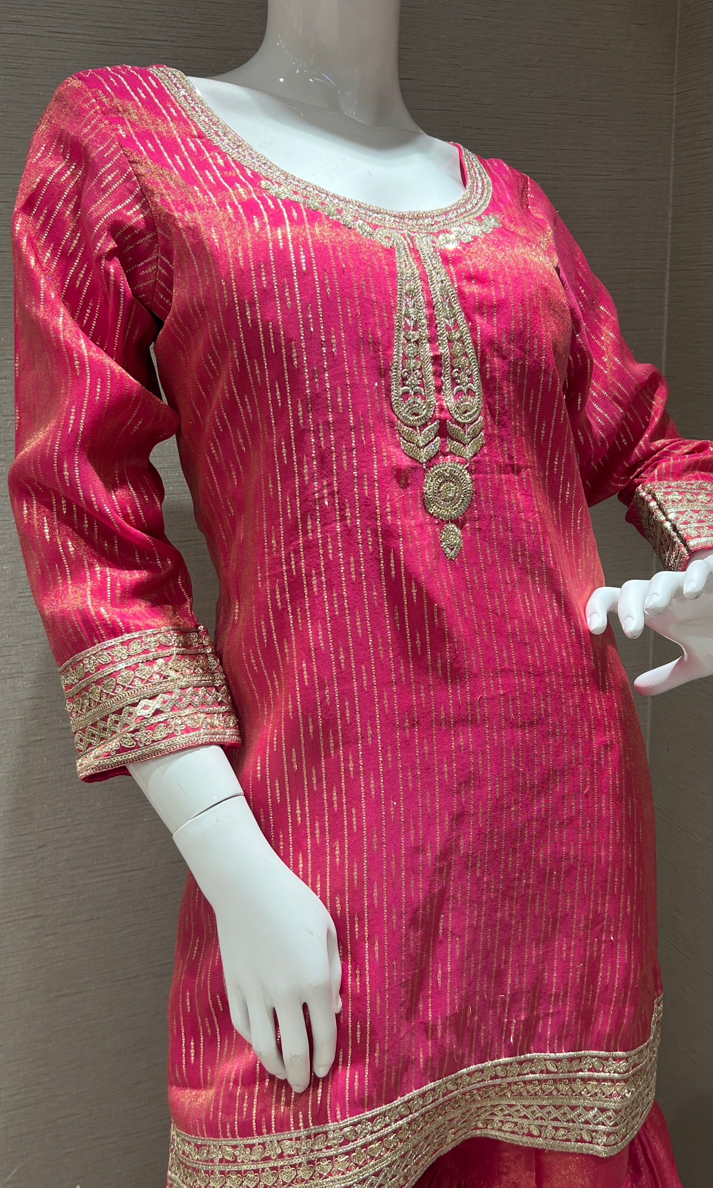 Pink gold embroidered sharara set with floral dupatta