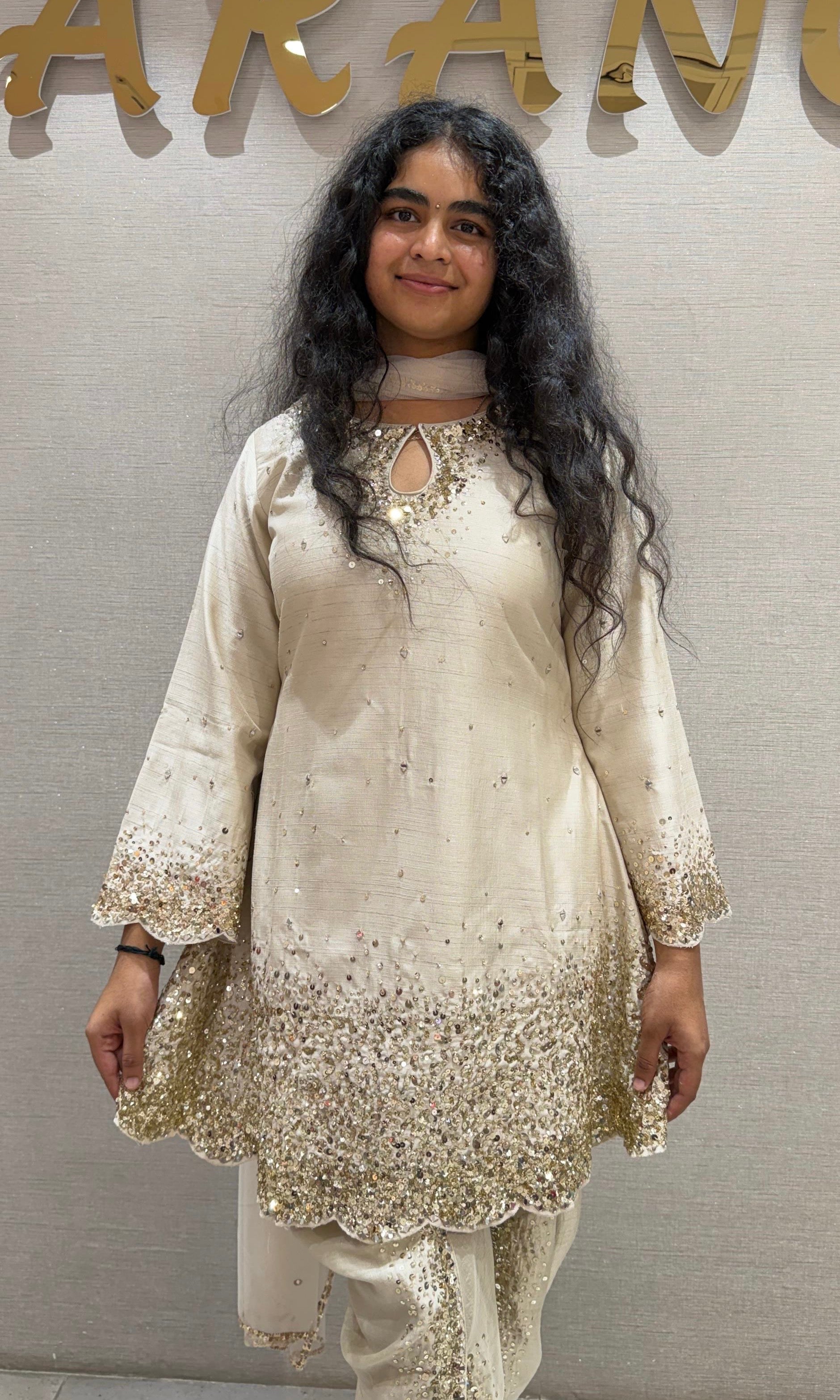 cream and gold raw silk patiala with gold detailing