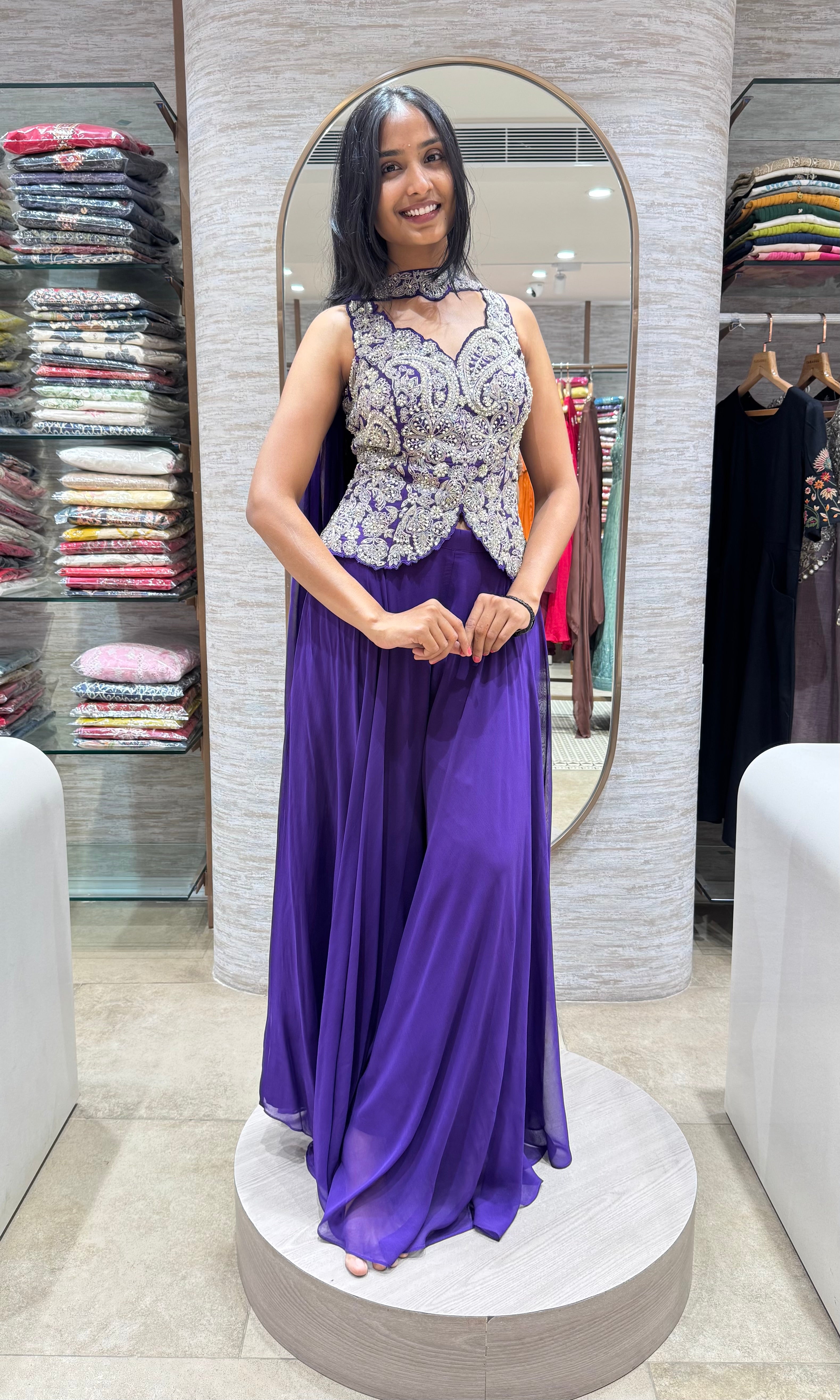 PURPLE EMBROIDERED PEPLUM PALAZZO