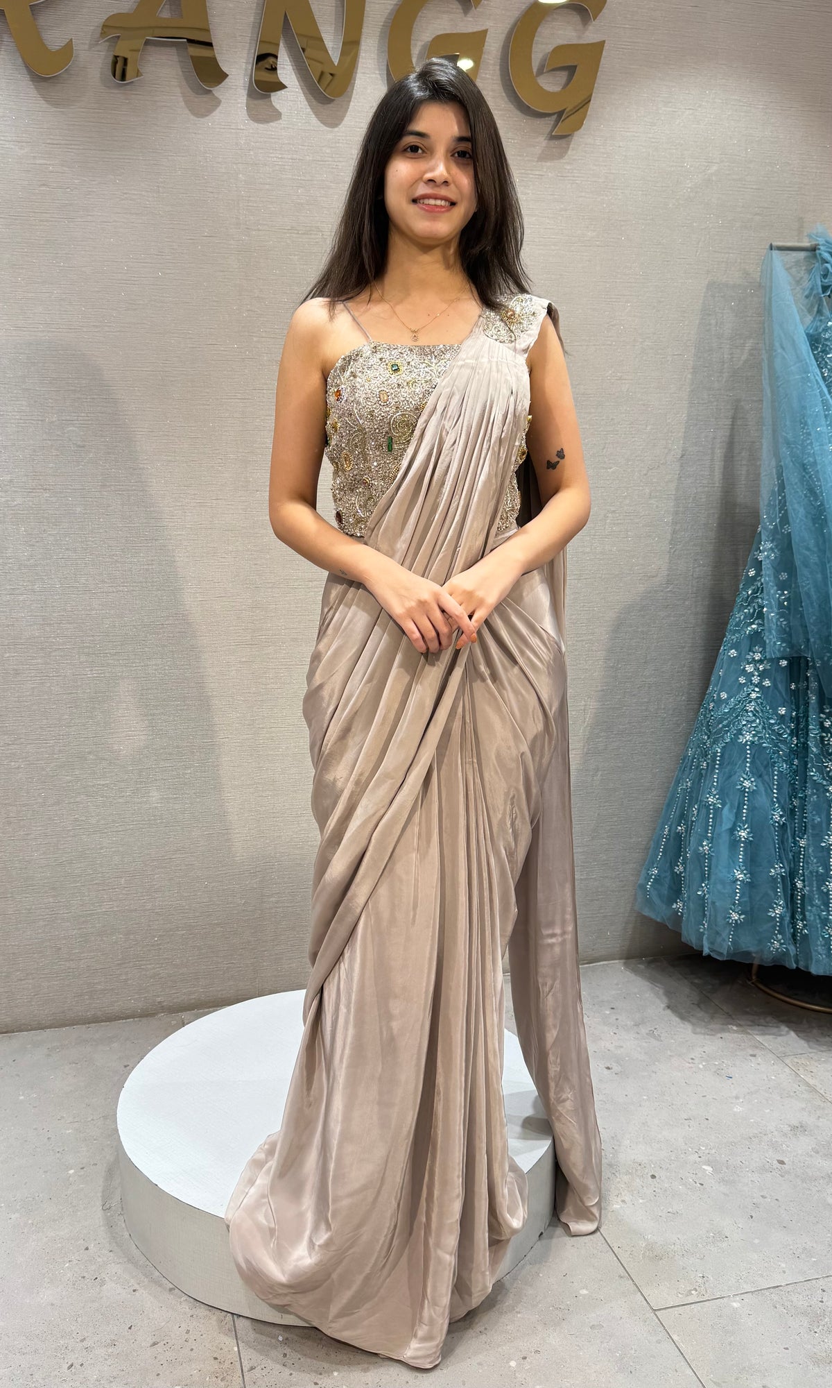 Grey satin Draped Saree with Crystal Embellished Corset Blouse