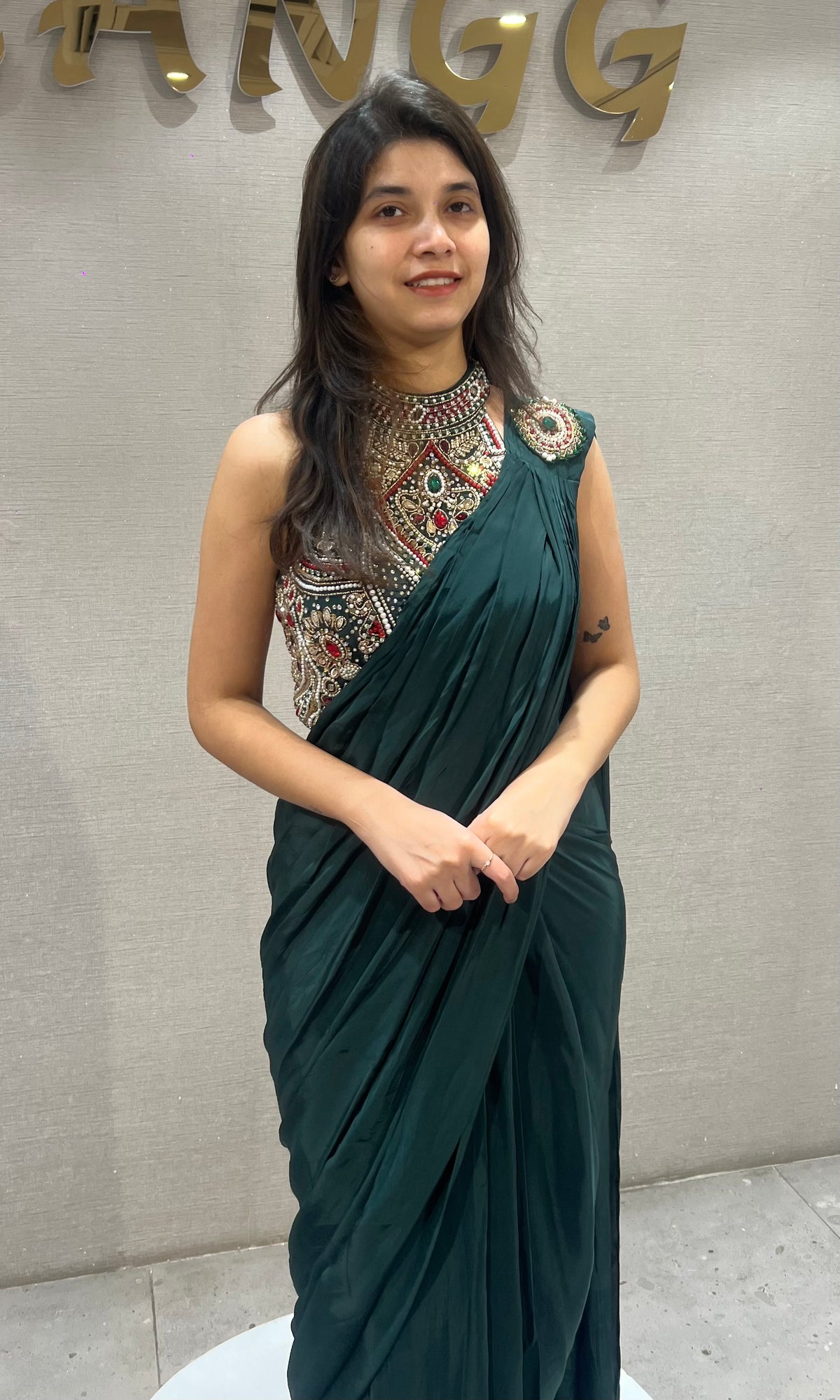 Bottel Green Georgette Saree and Embroidered Blouse