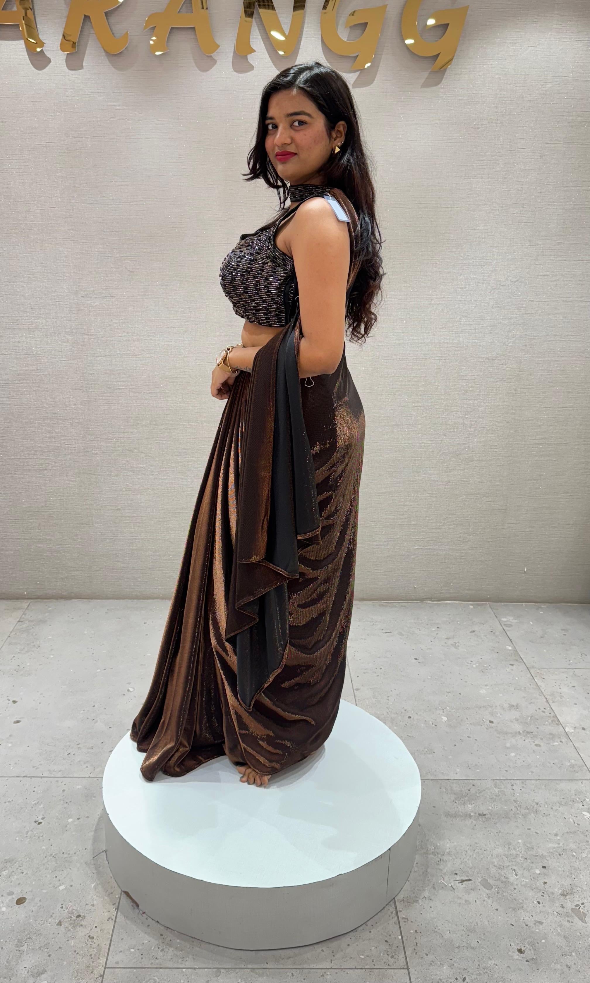 Brown SHIMMERING DRAPE SKIRT WITH BLOUSE