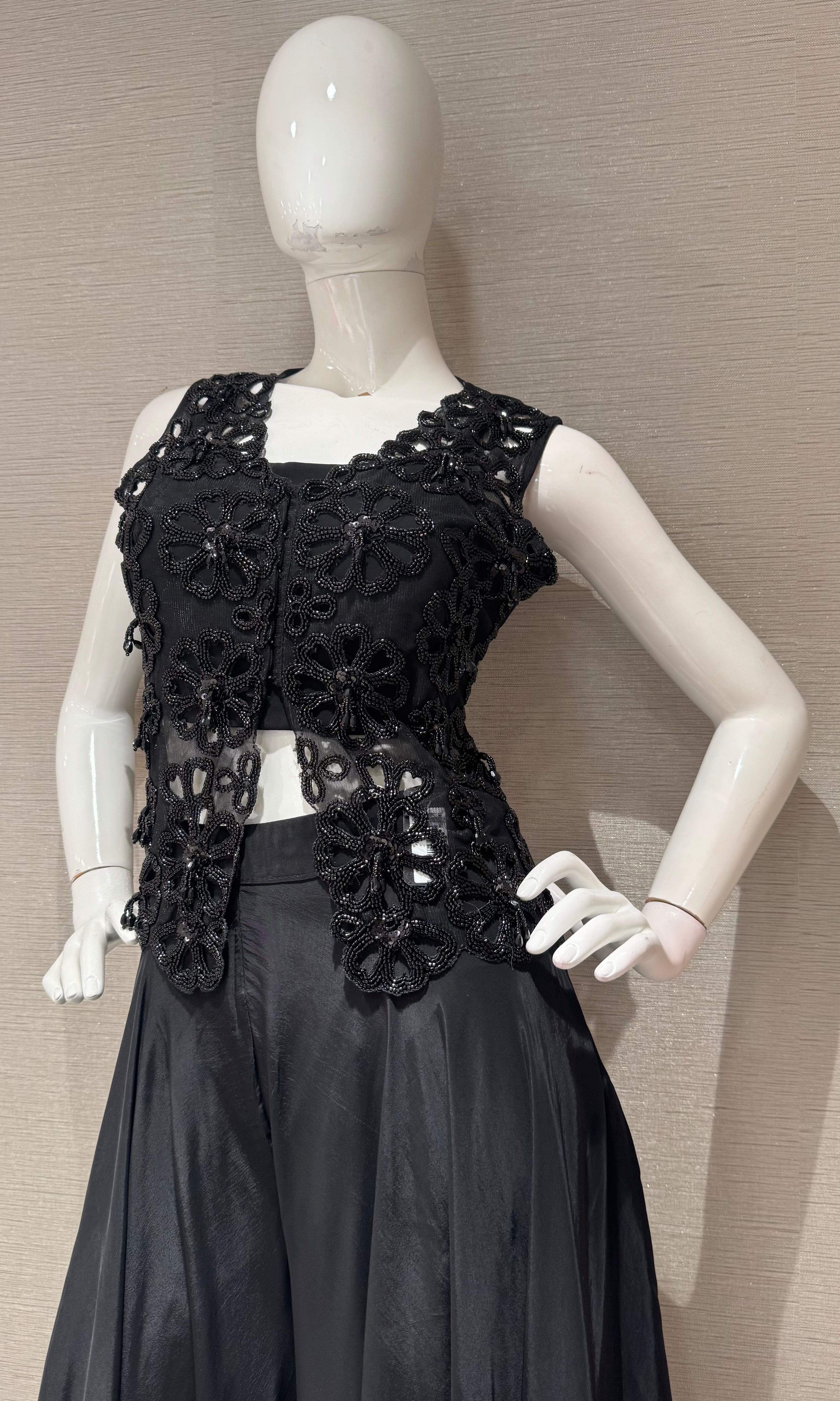 Black Lace Bodice Palazzo with Flared Chiffon Skirt