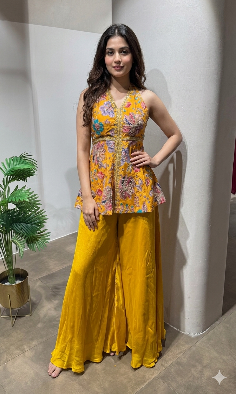 yellow embroidered peplum palazzo set
