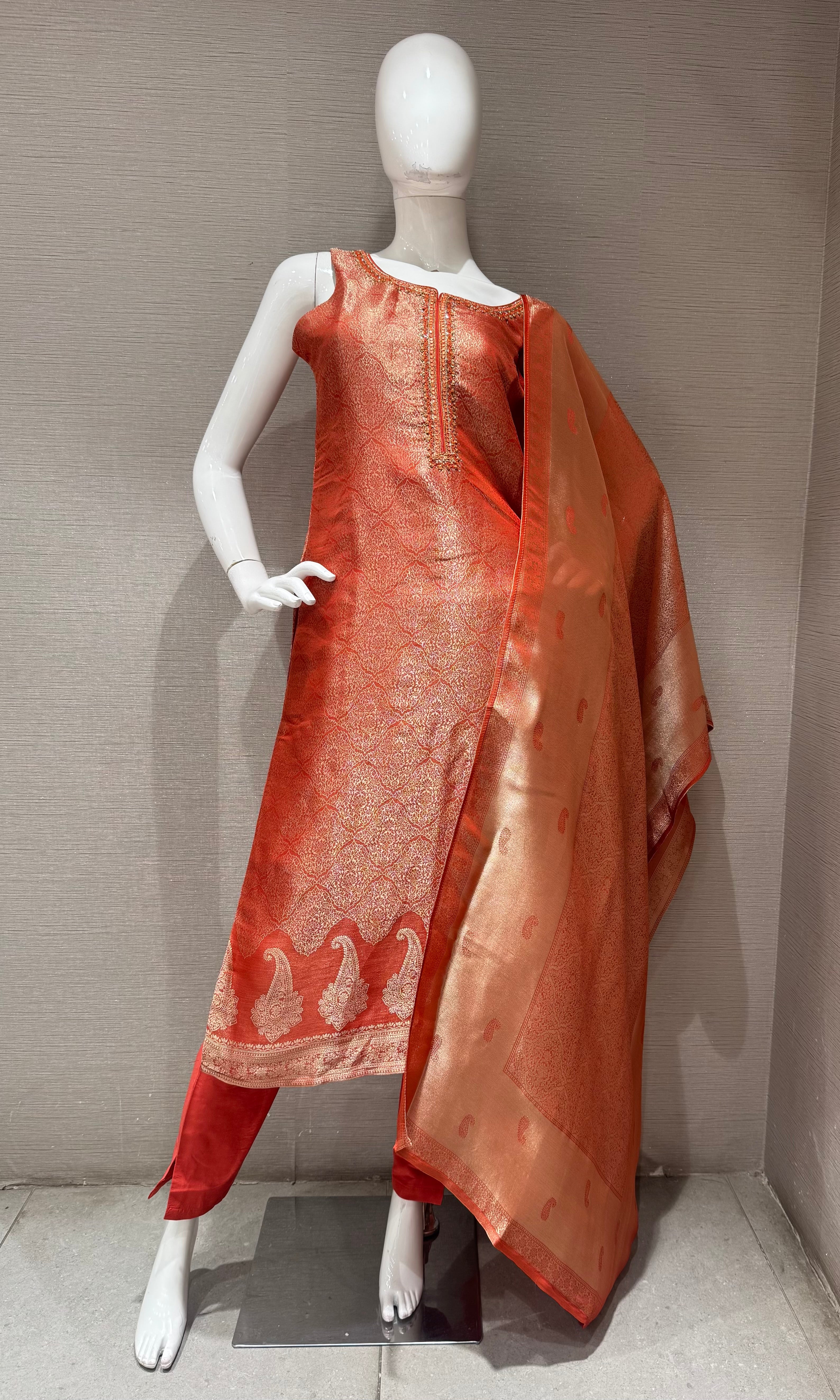 Rust Ethnic Kurta Set with Banarasi Dupatta