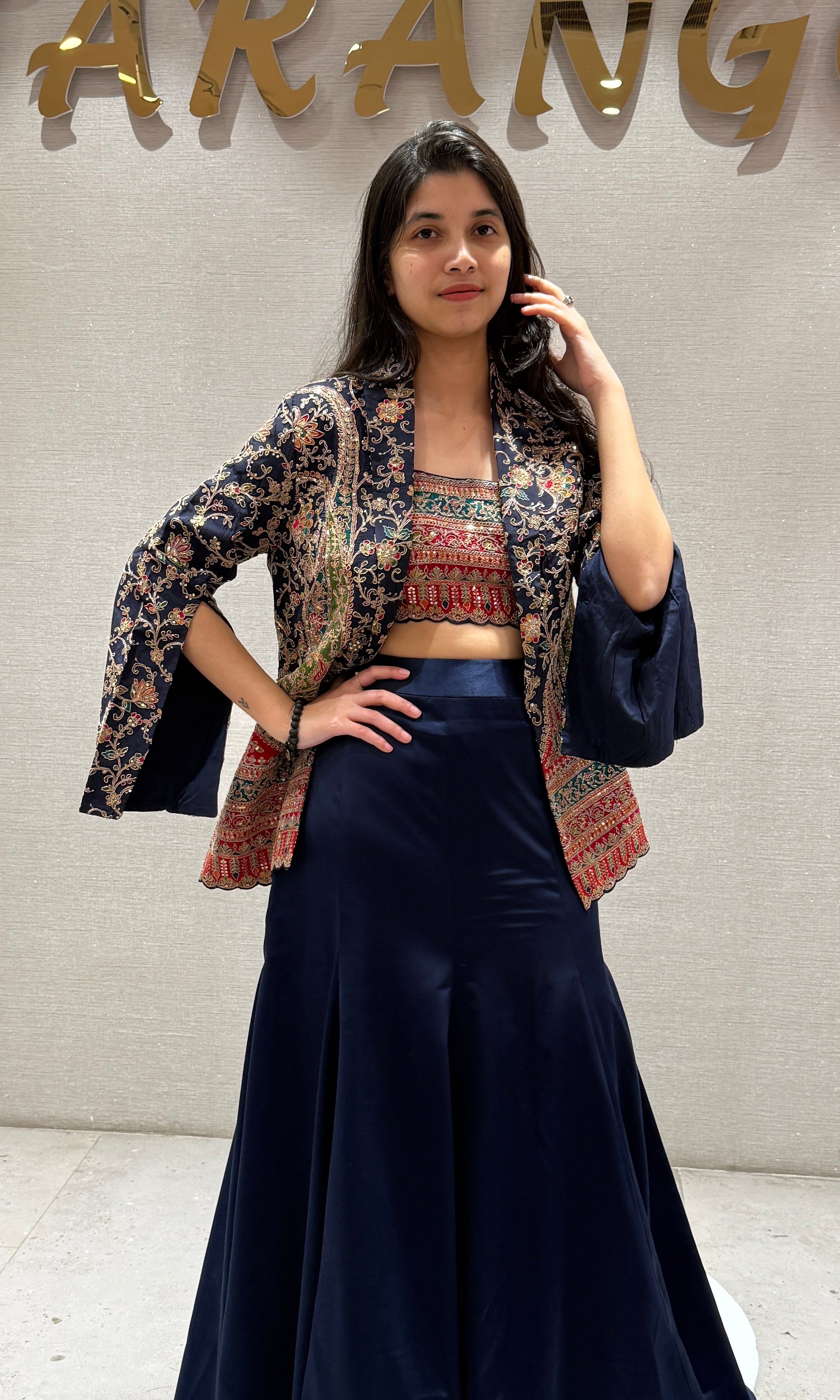 Navy Blue Skirt Set with Embroidered Jacket