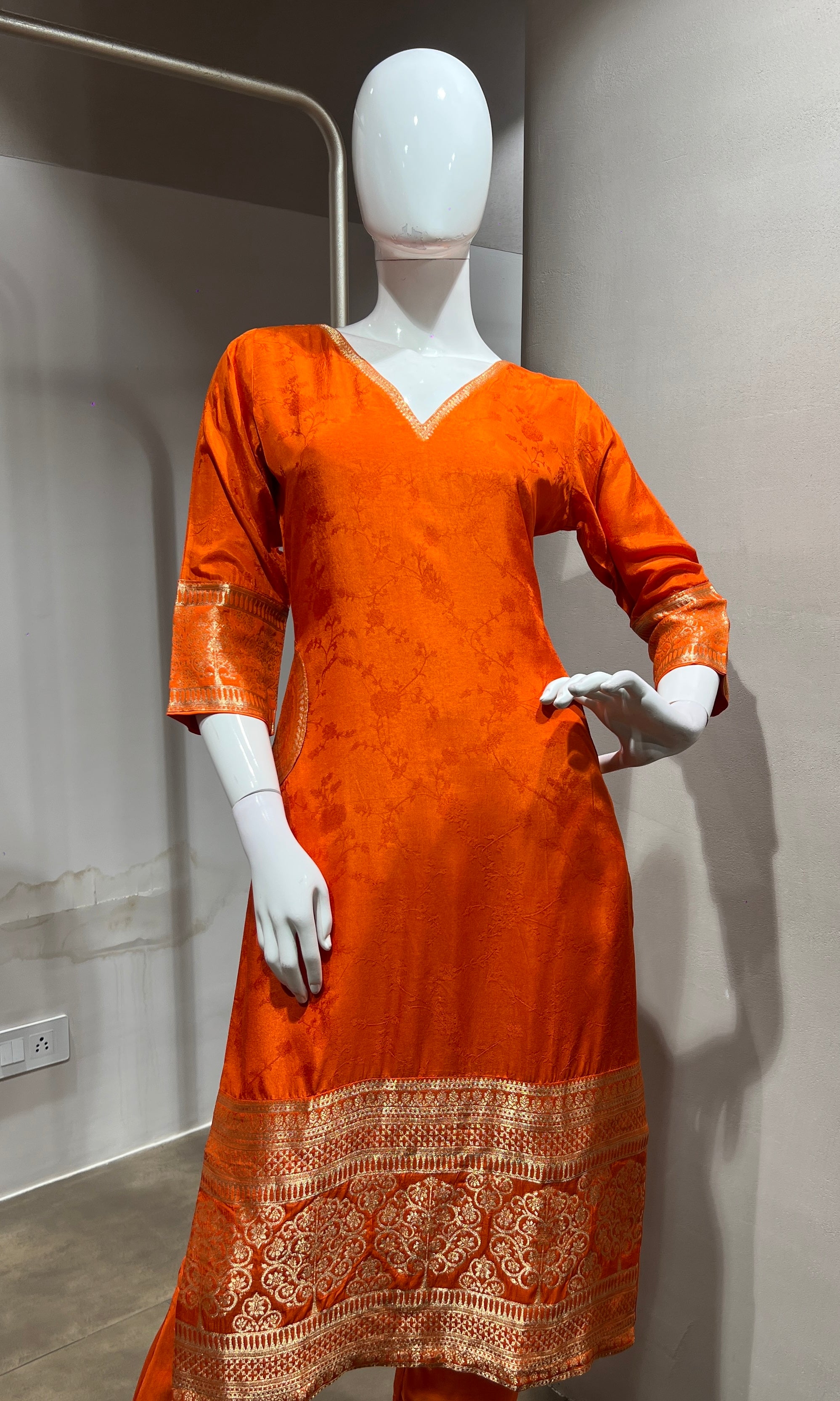 Orange Silk Straight Kurta Set with Gold Border
