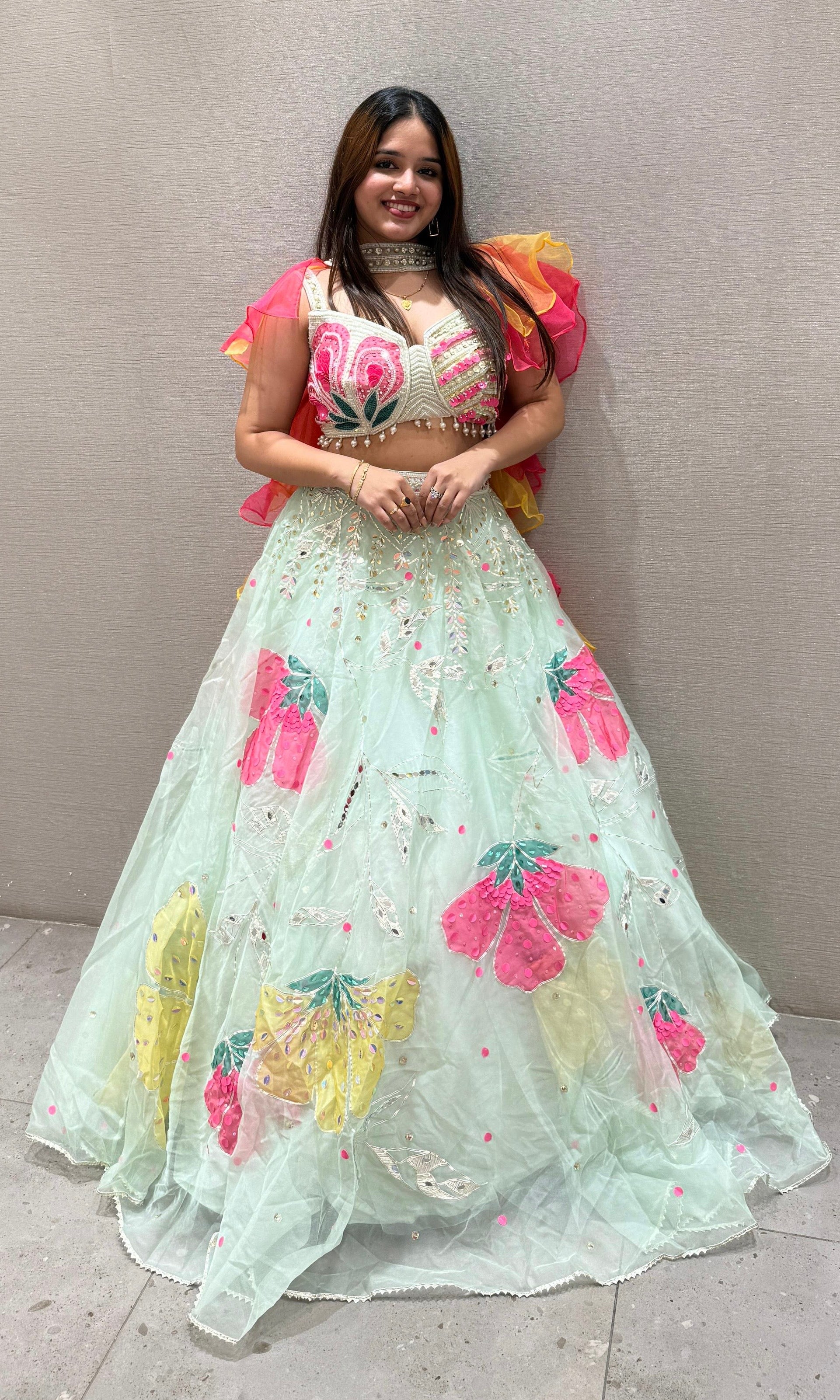 Pastel Dream Floral Lehenga with Ruffled Dupatta