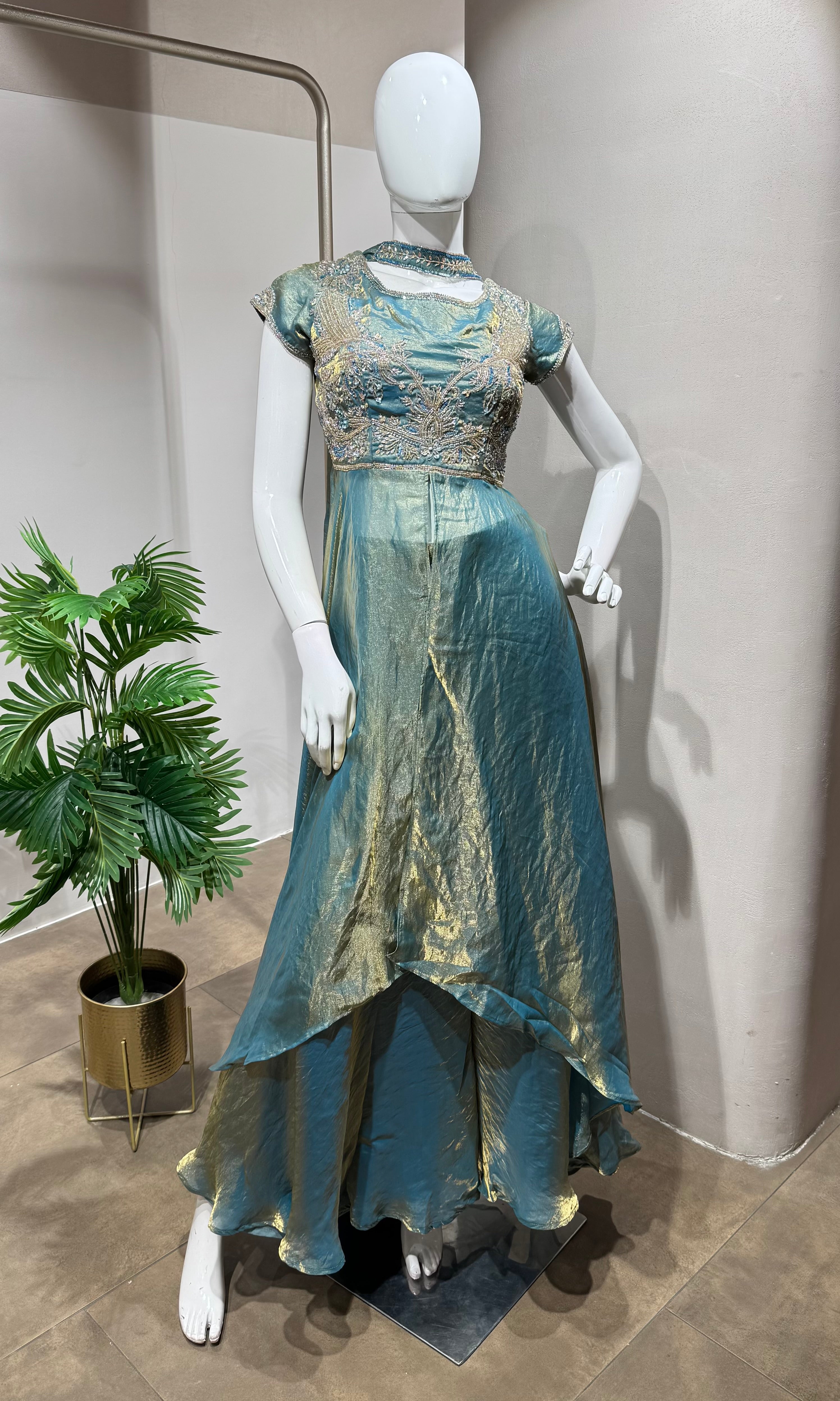 Blue Teal Shimmer Tissue anarkali Palazzo Set