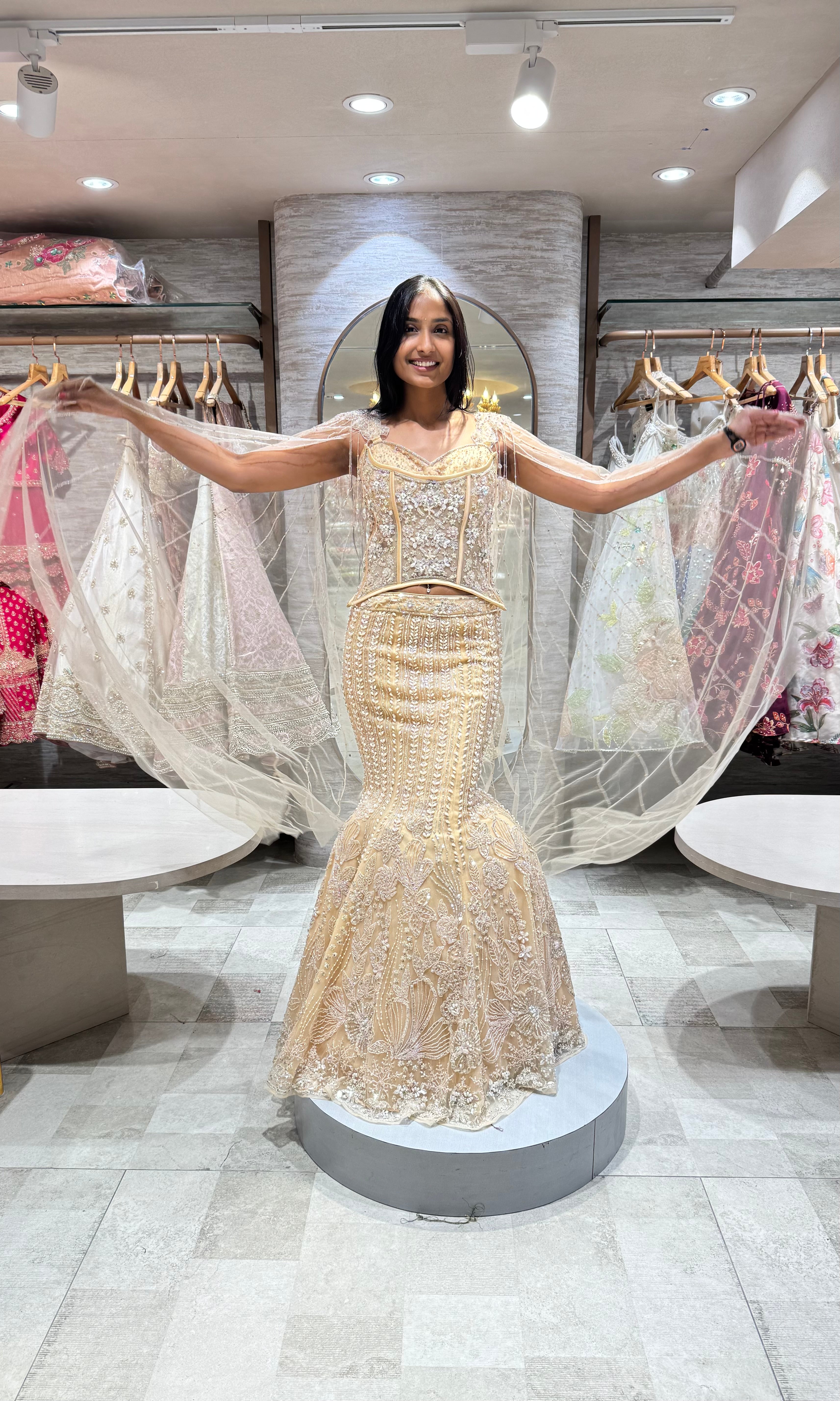 GOLD LEHENGA WITH CORSET BLOUSE & CAPE