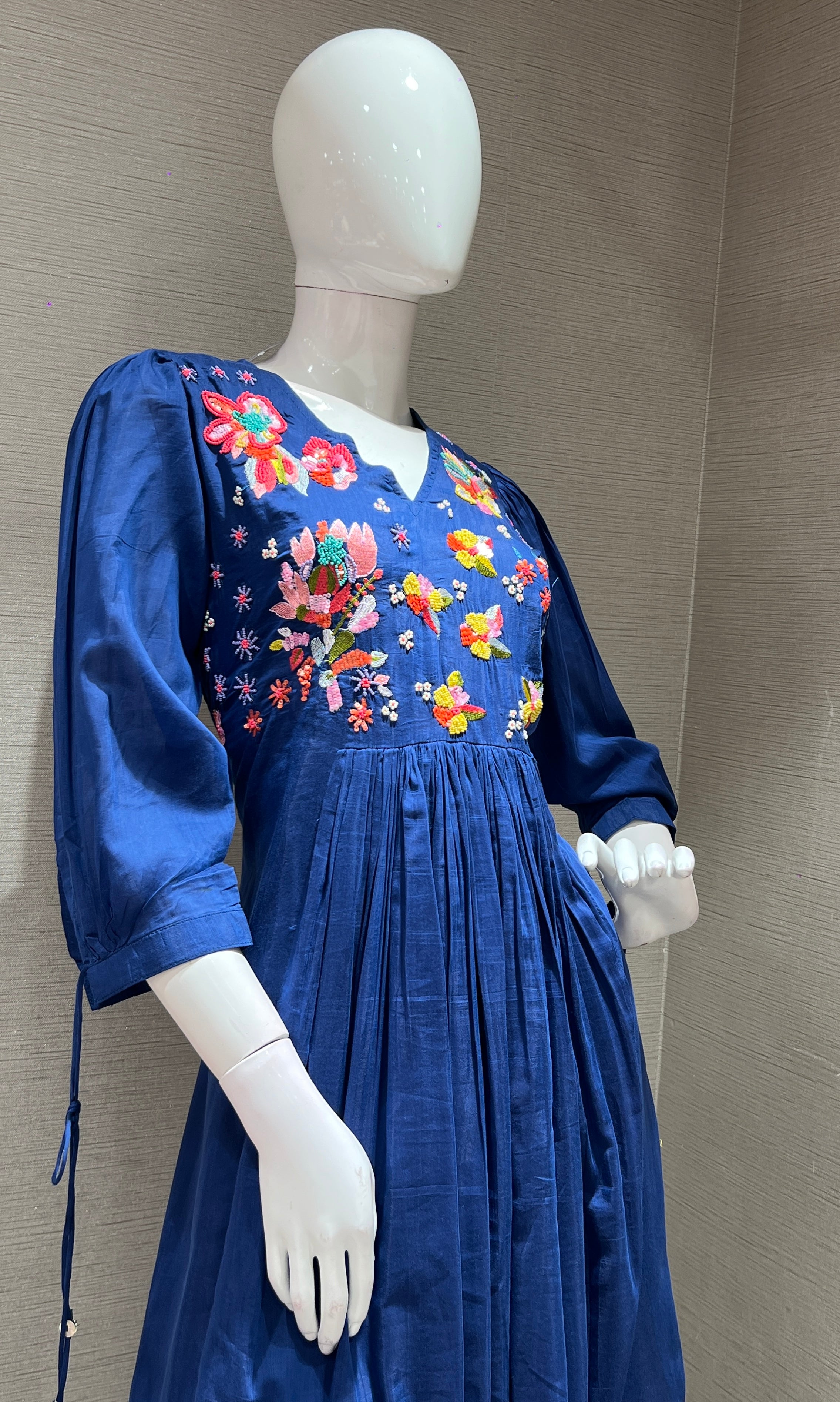 Navy blue FLORAL MUL CHANDERI kurta set