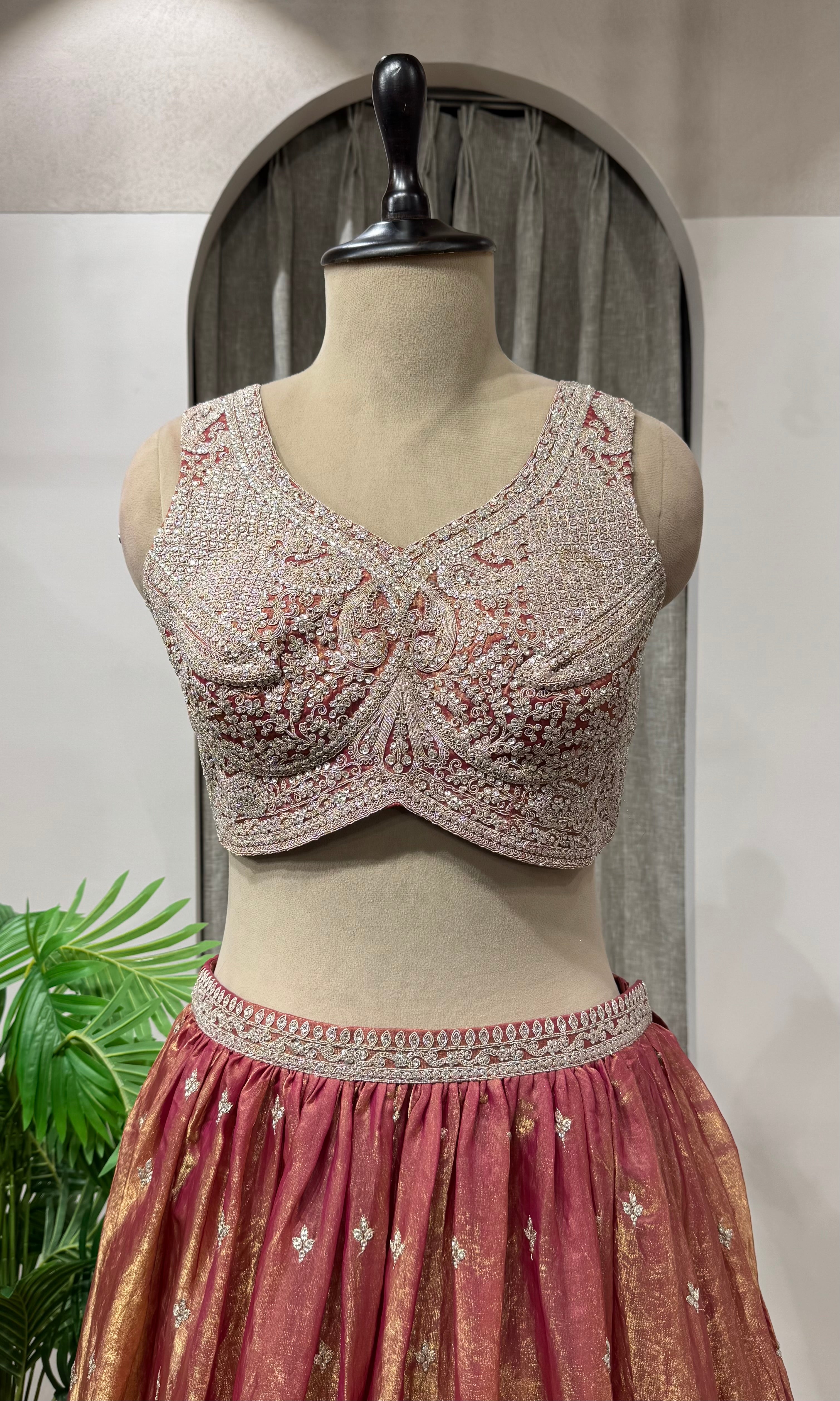 Rust Banarasi Silk Crop Top Lehenga