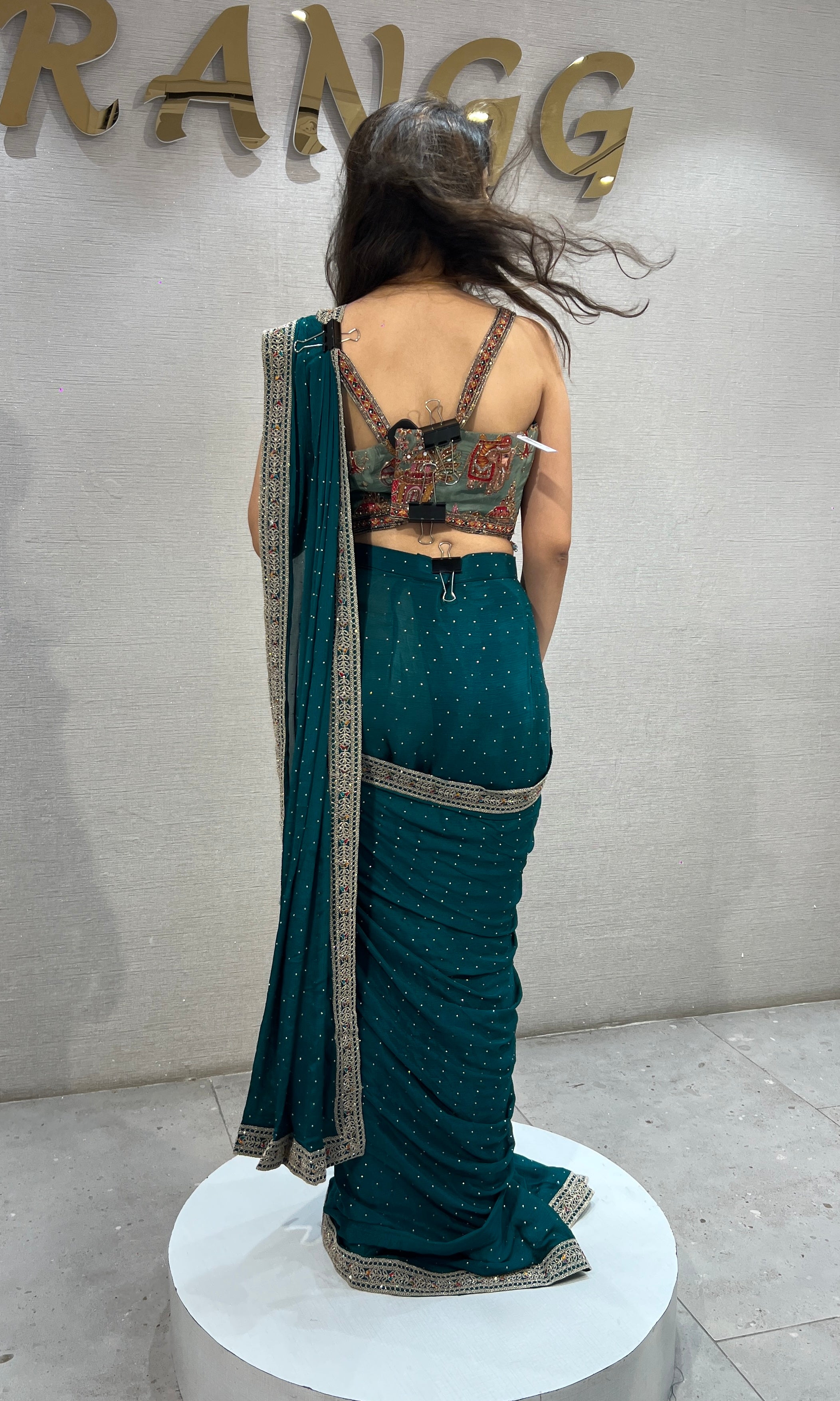 Rama green drape Saree with Intricate Floral Blouse