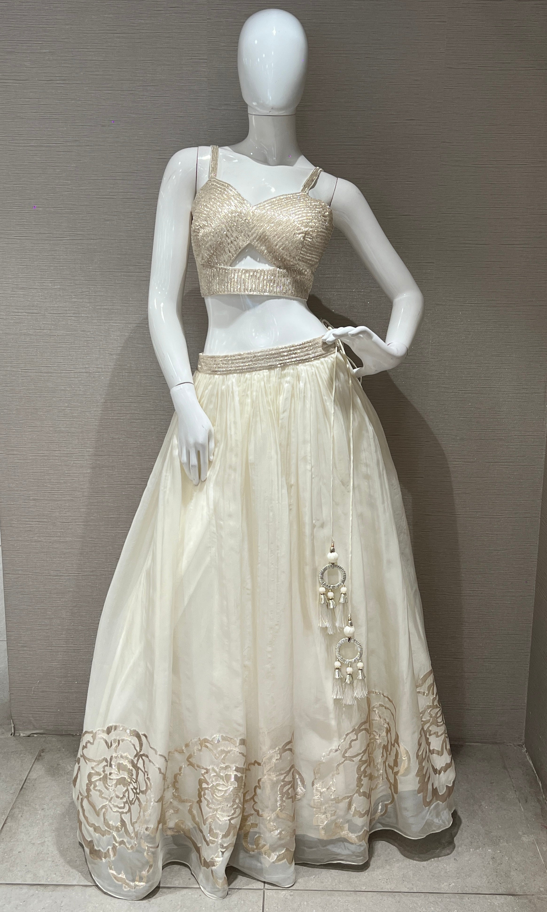 White Lehenga with floral embossing