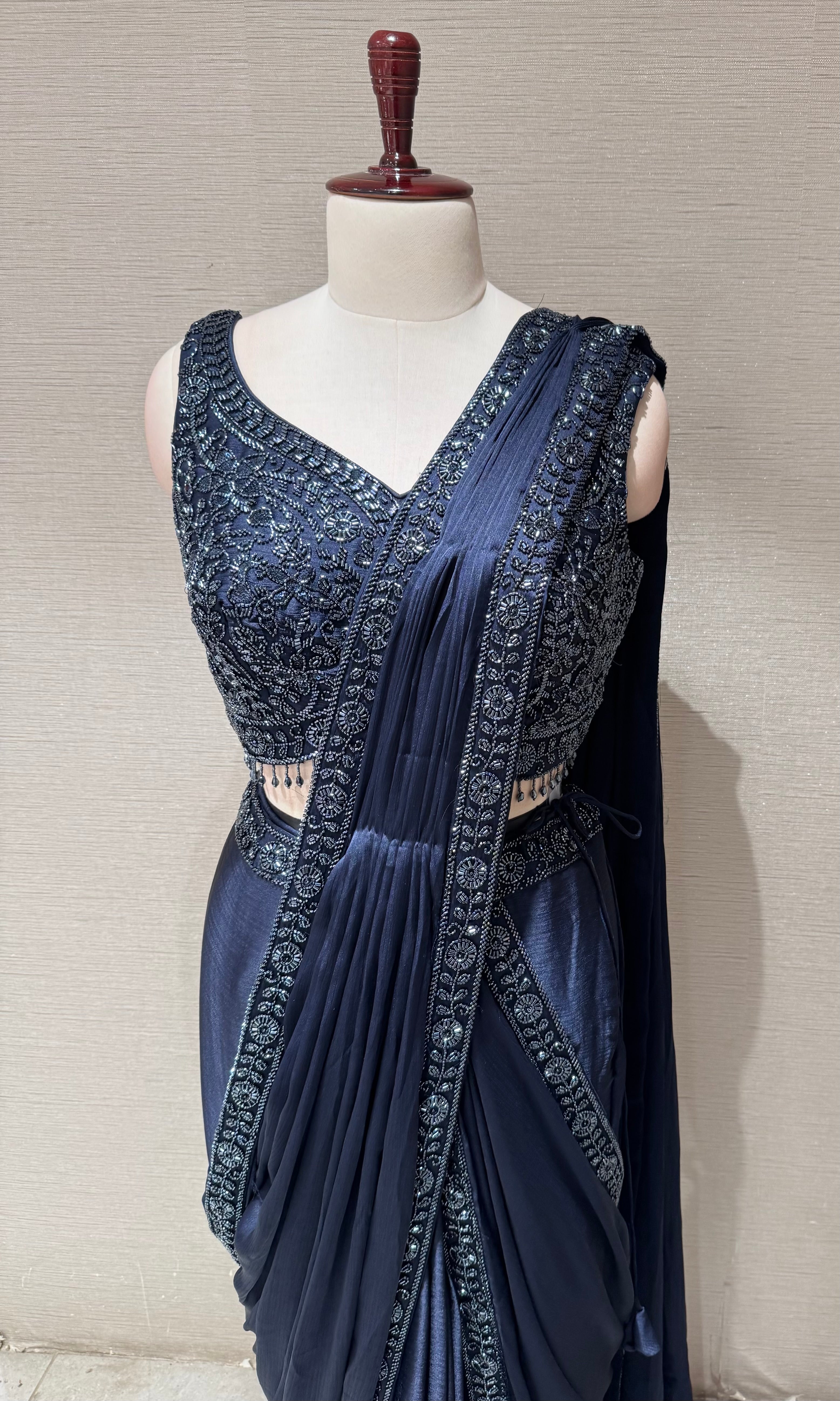 Navy Blue Embellished Draped Saree with Ethnic Blouse