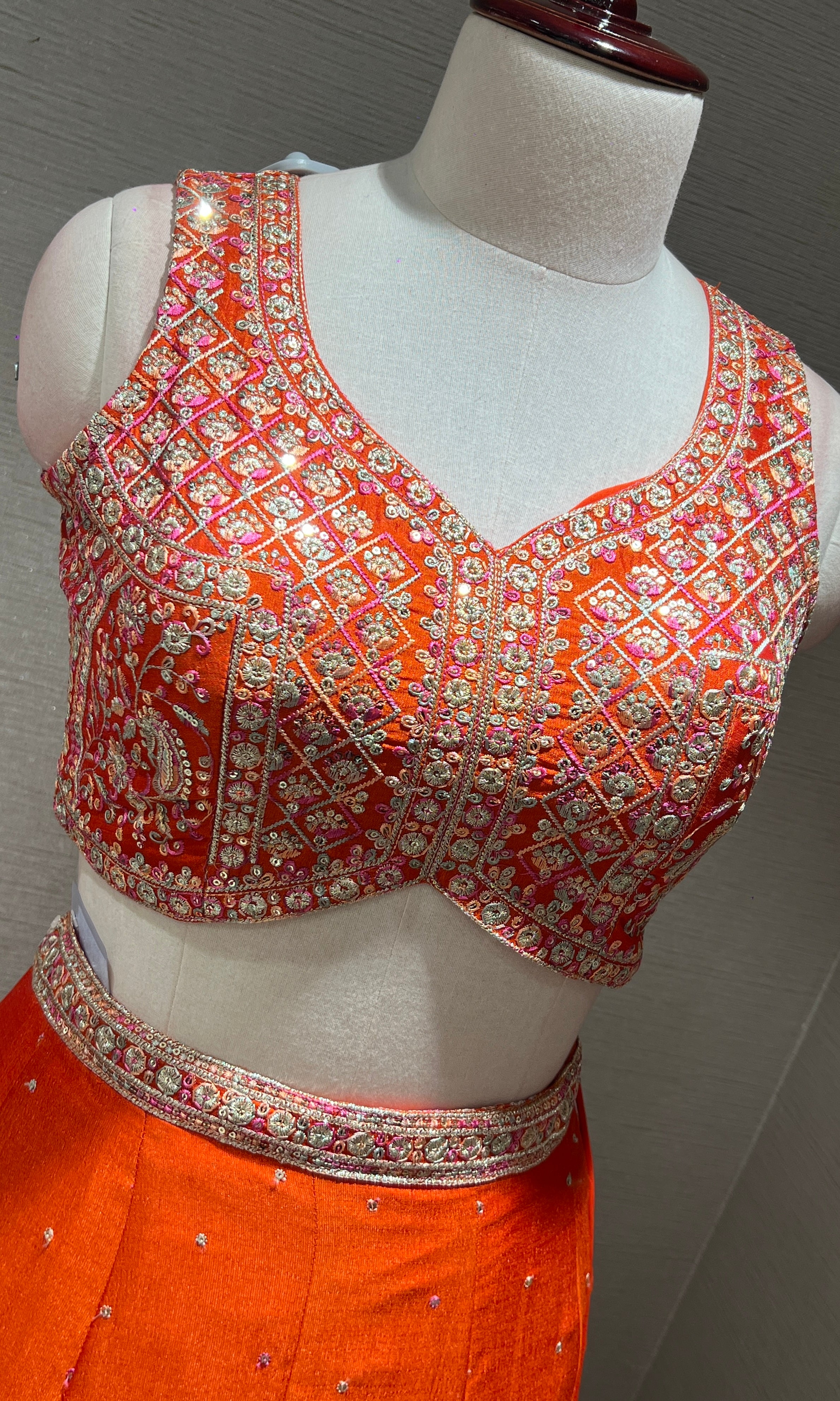 Orange Mirrorwork Embroidered Lehenga Set