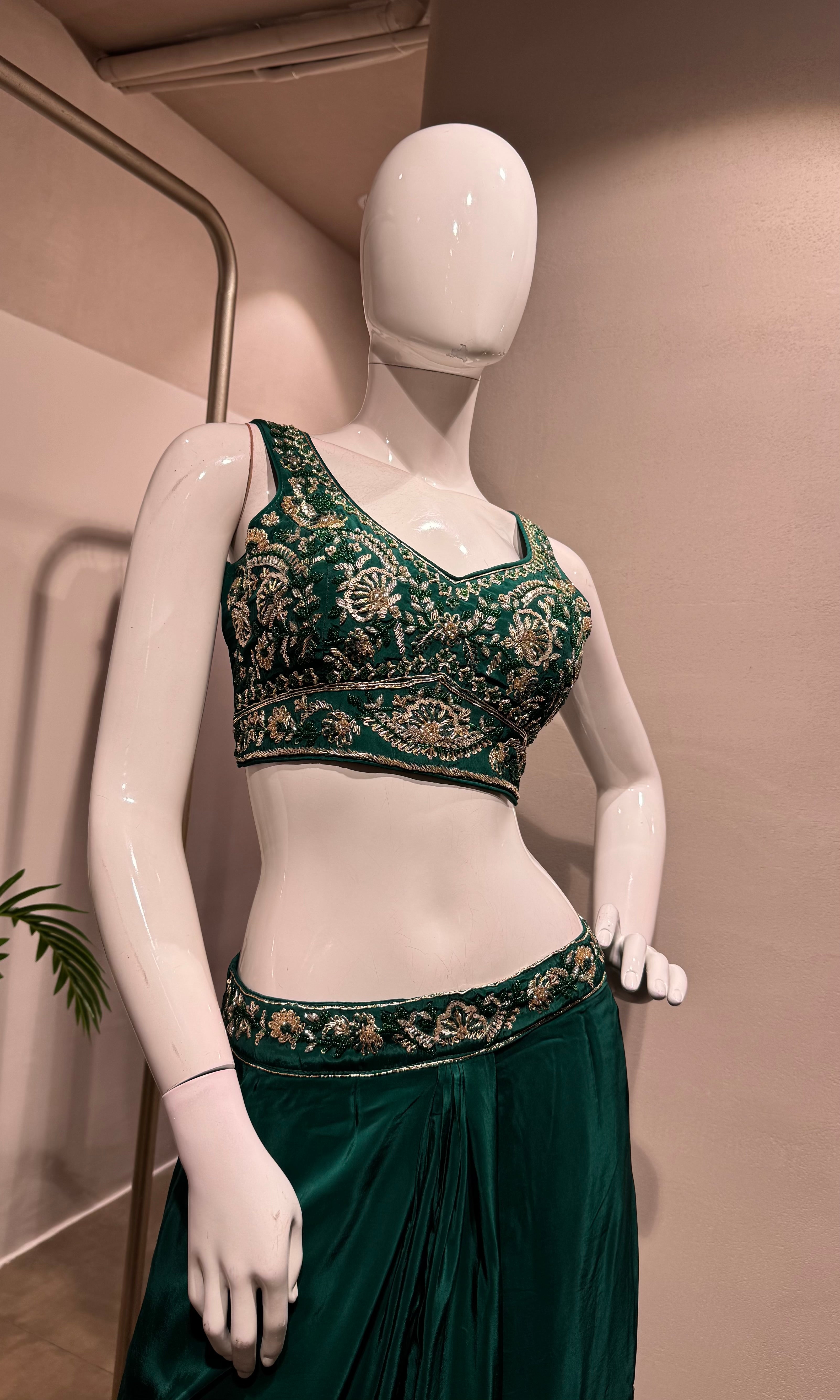 Green Embroidered Blouse Drape Skirt Set