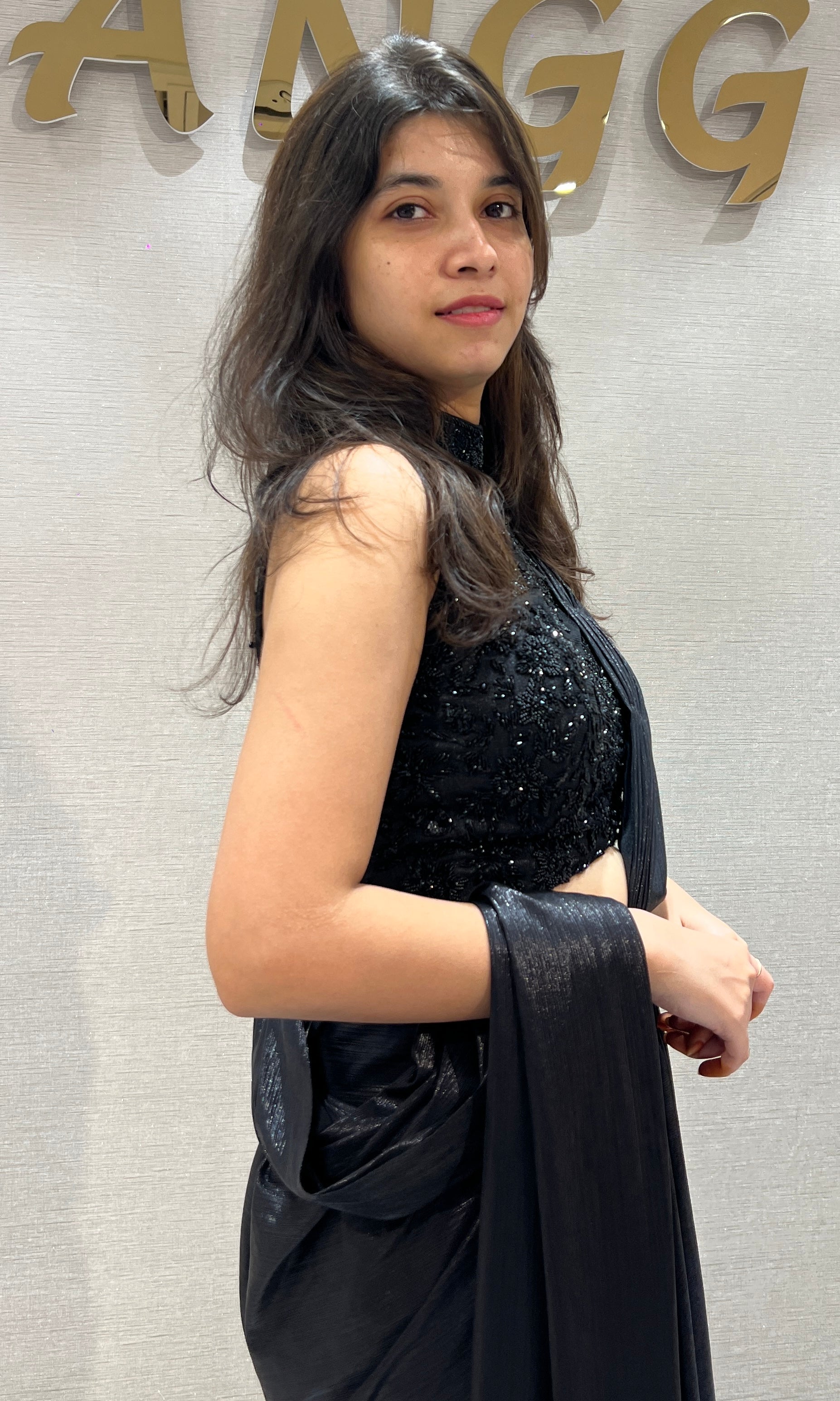 Black Drape Saree with Embellished halter blouse