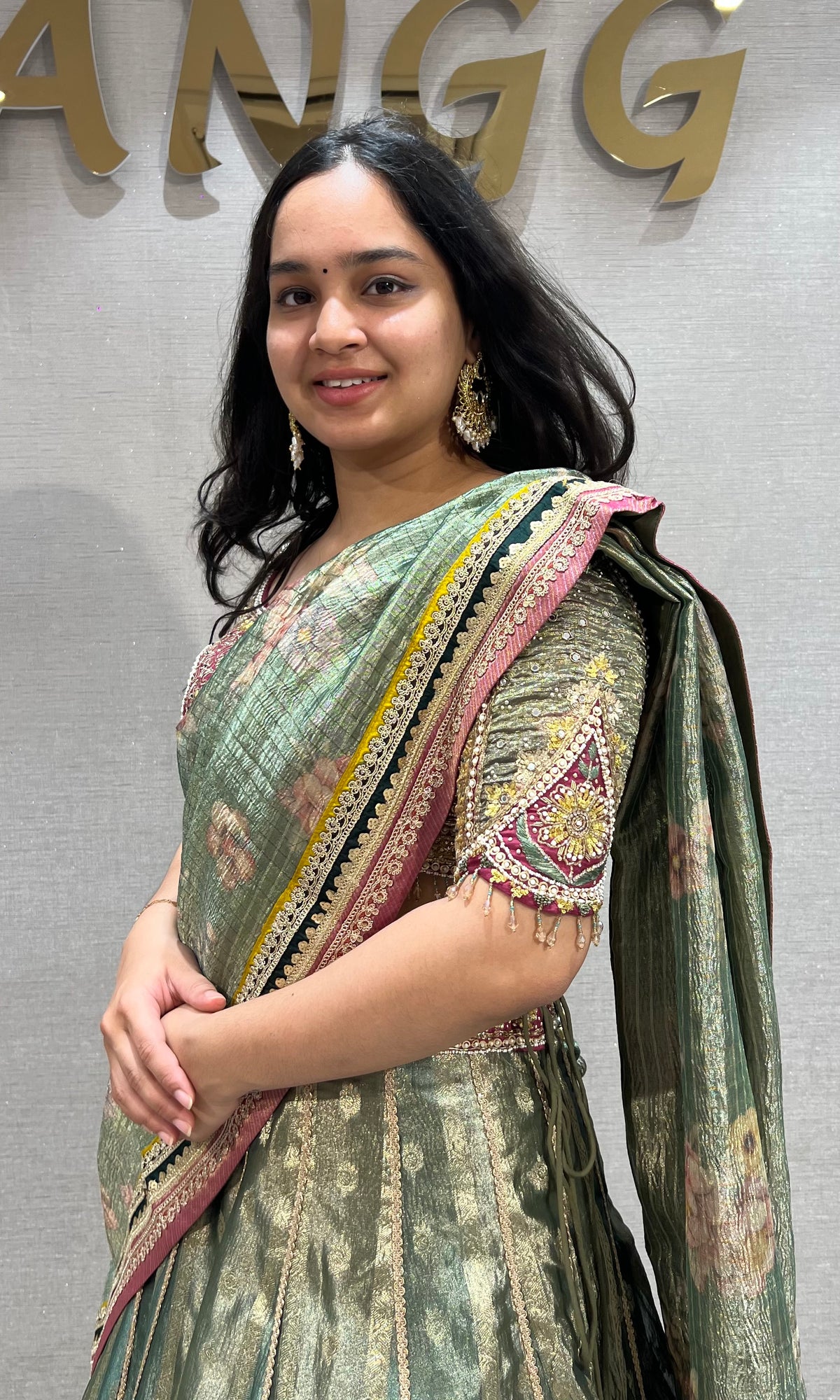 Sage Green raw silk Lehenga Set with Golden Zari Motifs