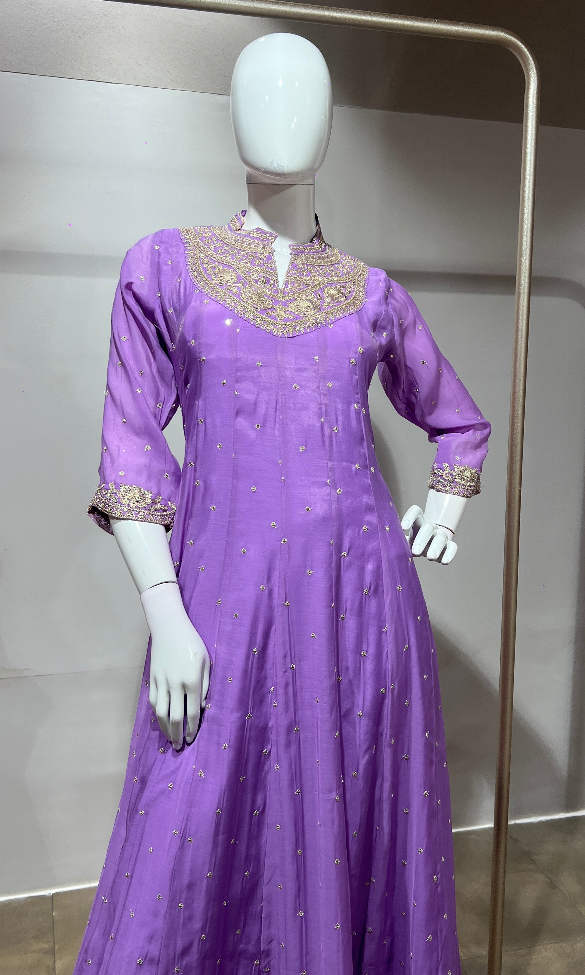 Lavender Silk Anarkali Suit Set with Scallop Dupatta