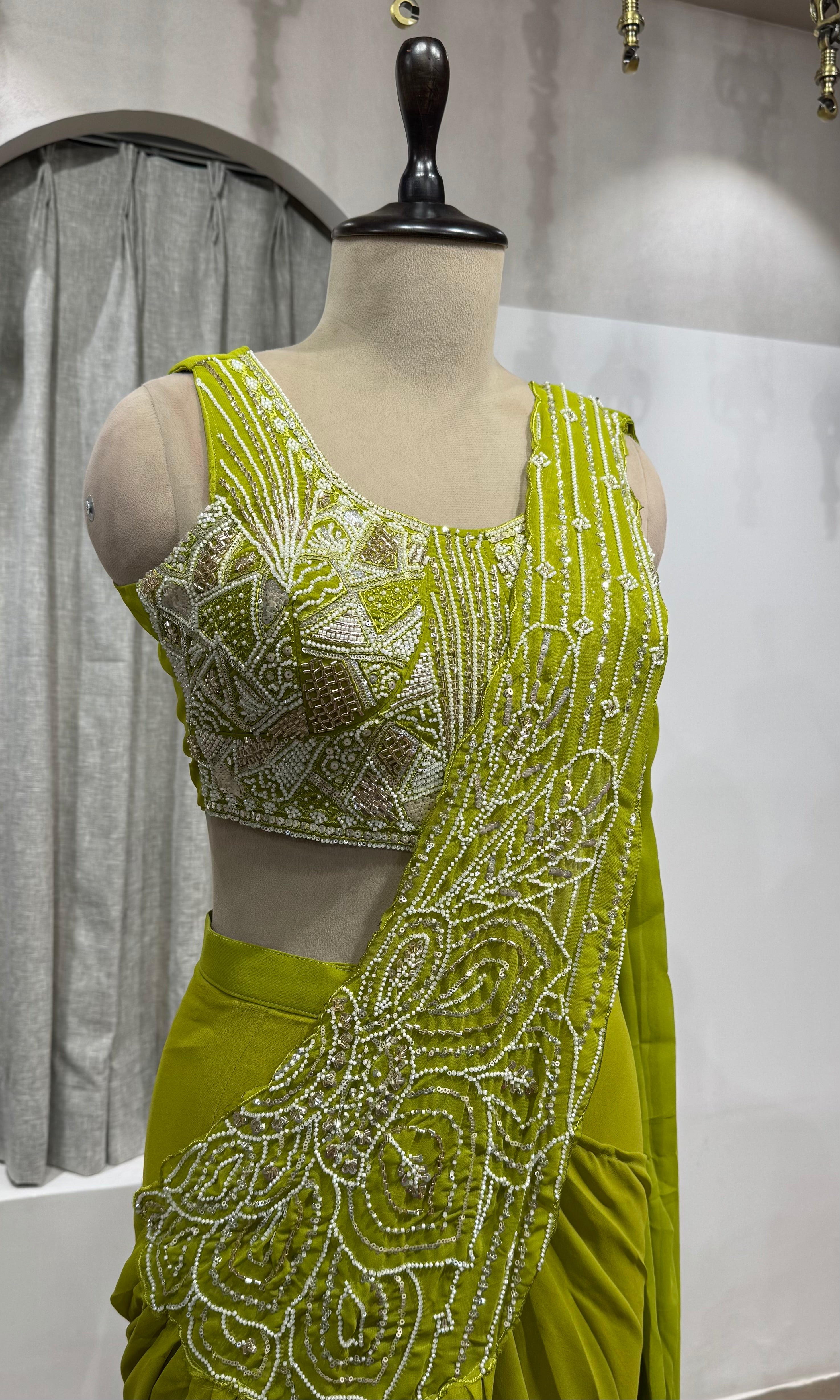 Green Pearl Embellished Pre-Draped Saree