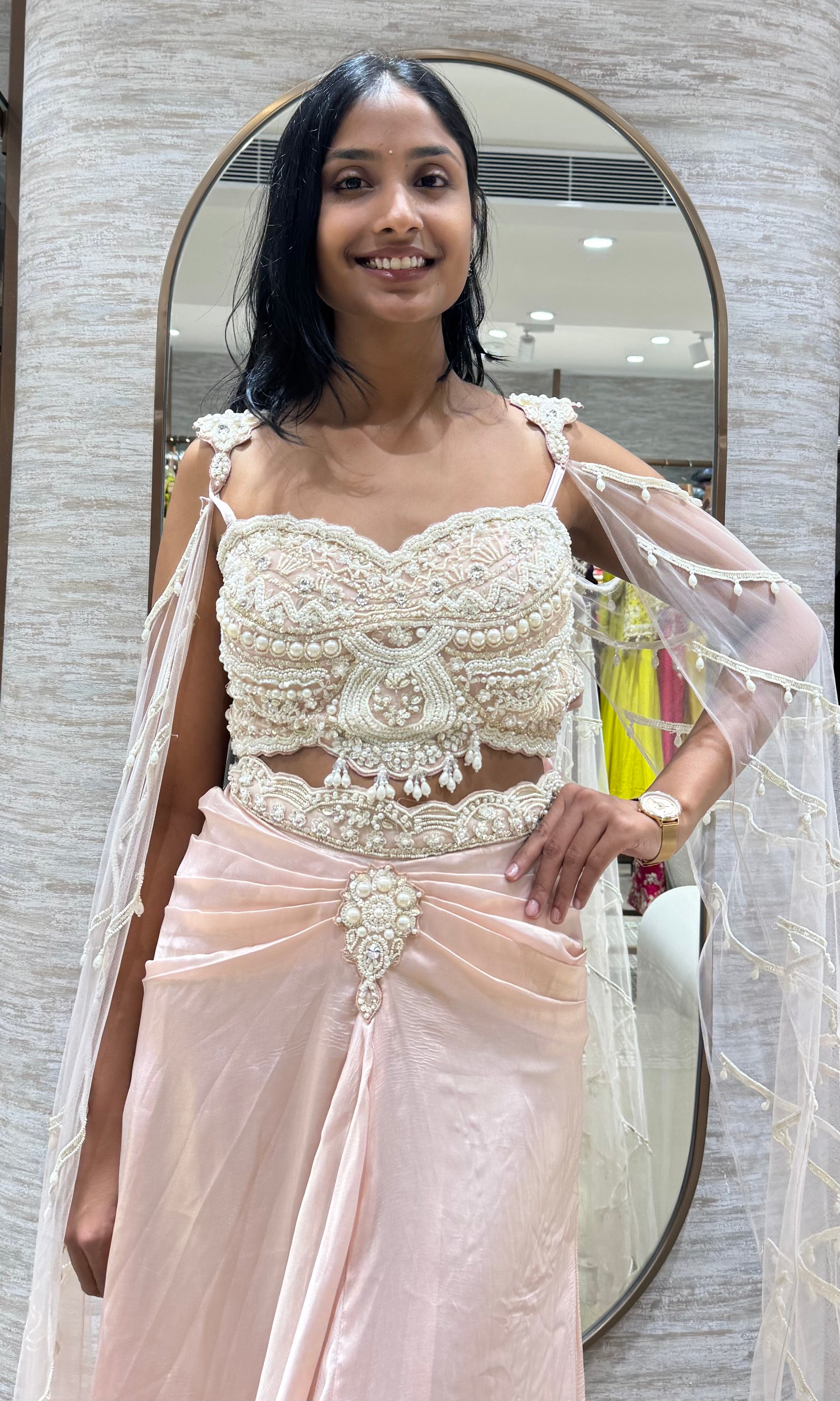 Baby Pink Butterfly Blouse with Draped Skirt