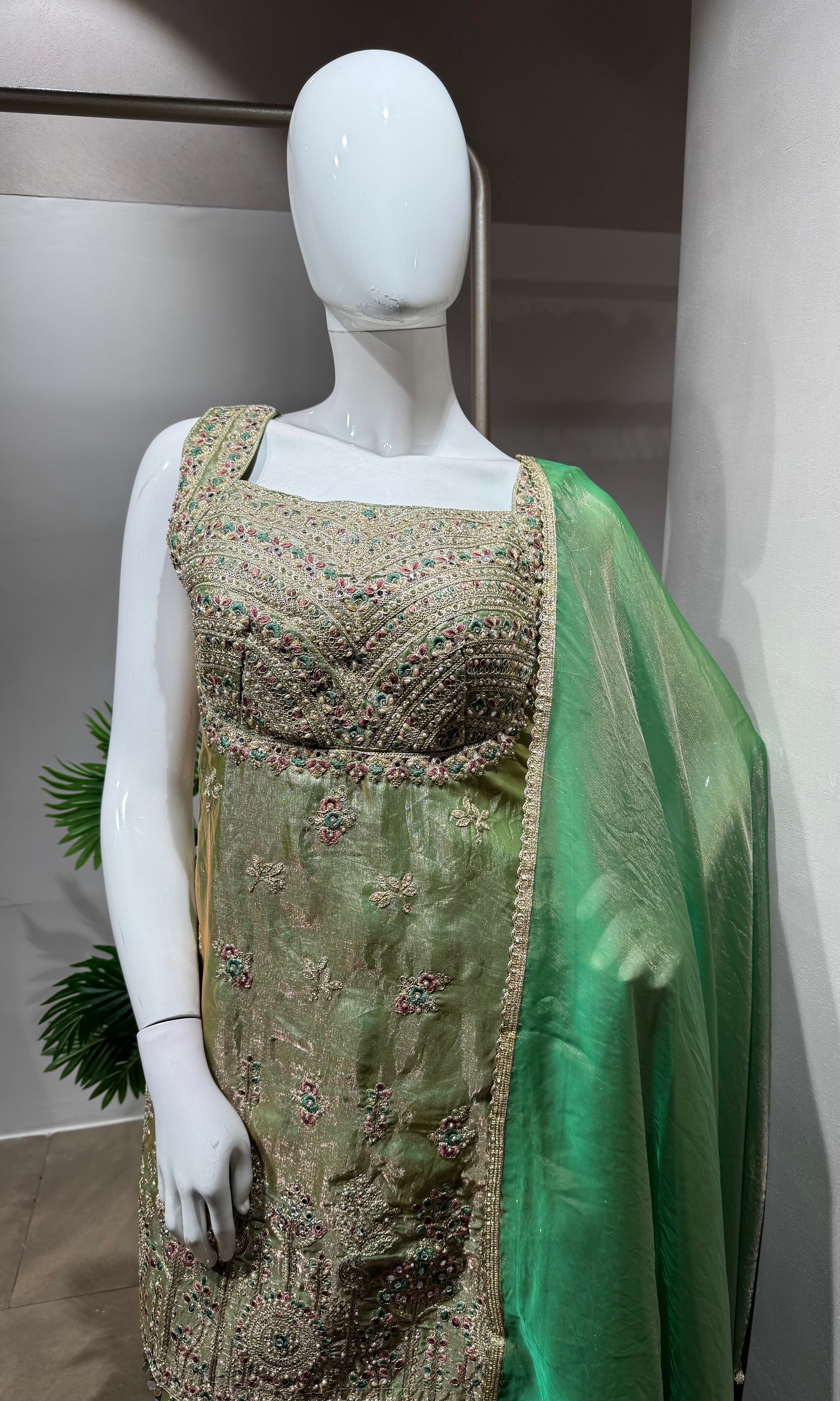 GREEN golden embroidered silk sharara set