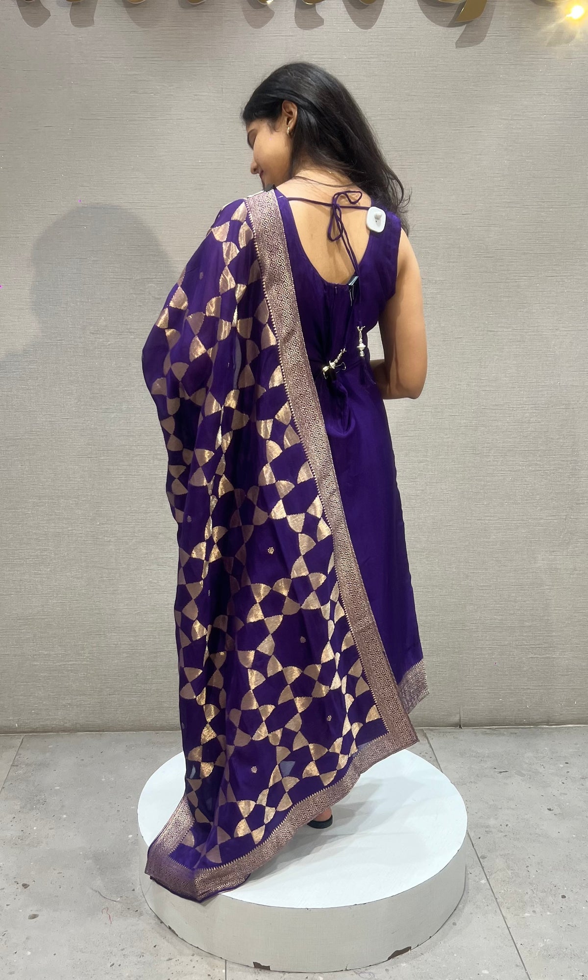 Purple Banarasi kurta set with Geometric Print Dupatta