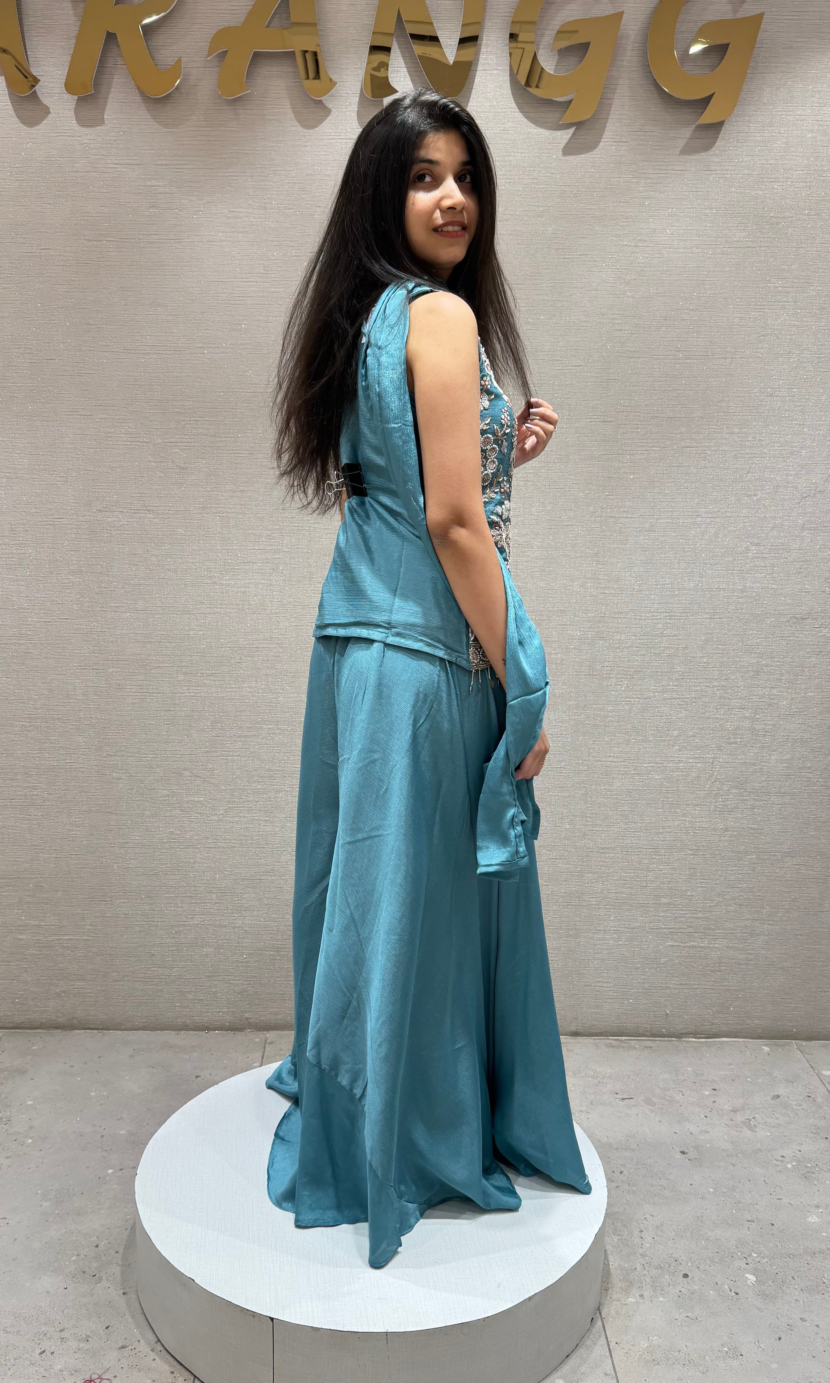 Sea Blue Embroidered Palazzo Set