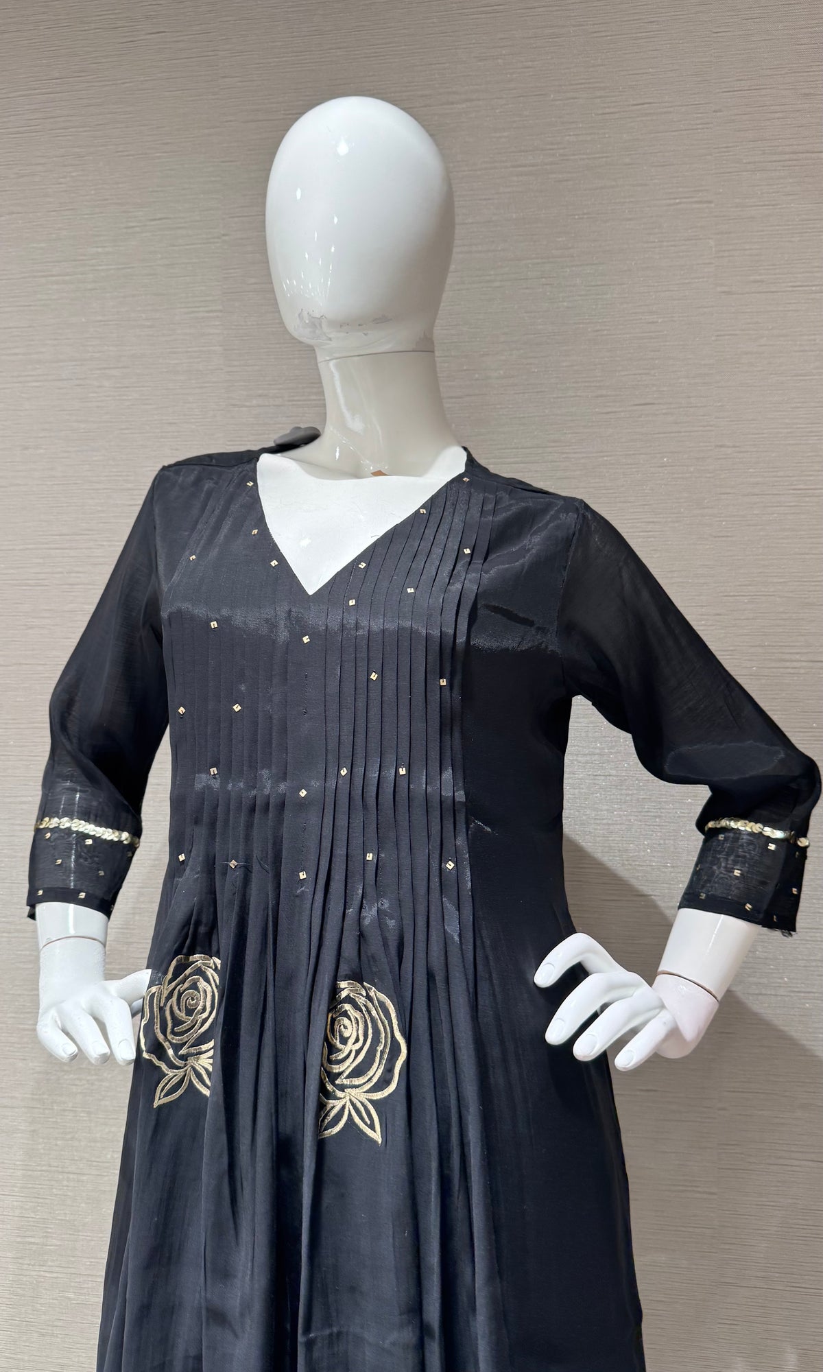 Black golden floral mul chanderi kurta set